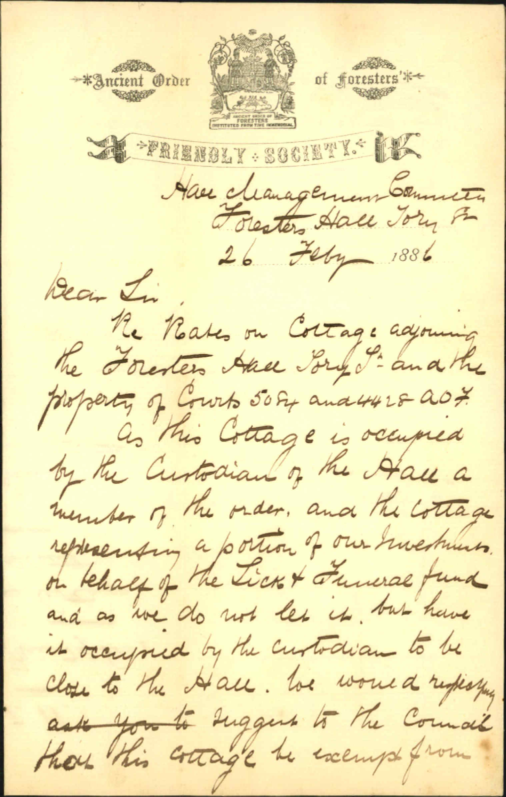 Rates on cottage in Tory Street - Foresters Friendly Society