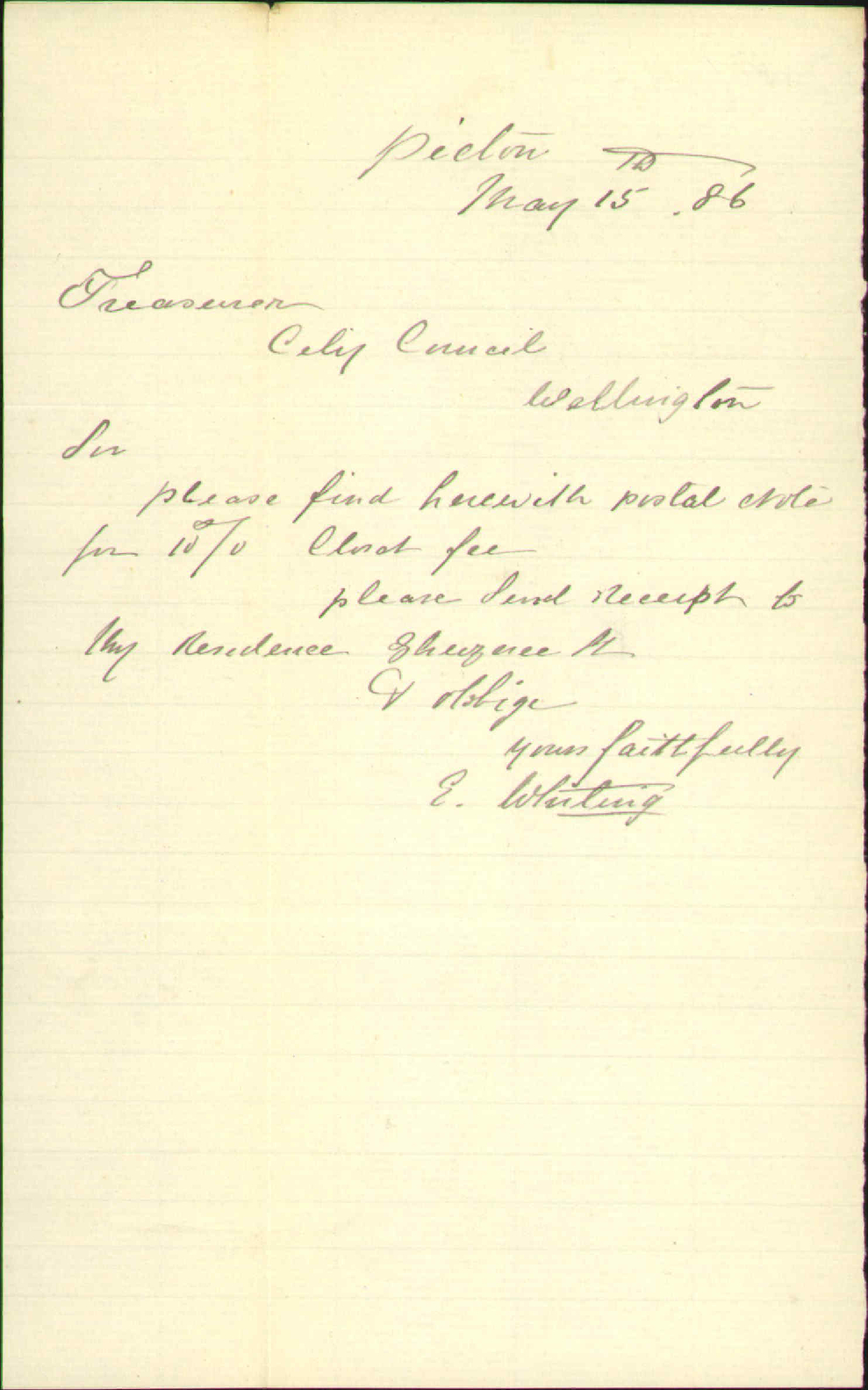 Enclosing postal note for water closet fee - E Whiting