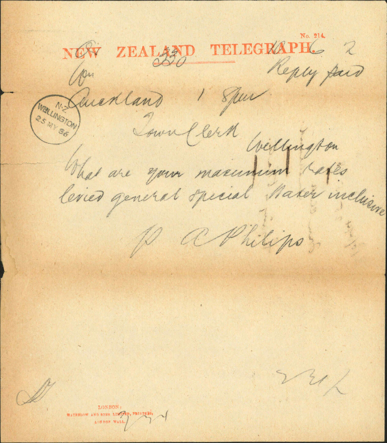 Enquiry as to rates - Town Clerk Auckland