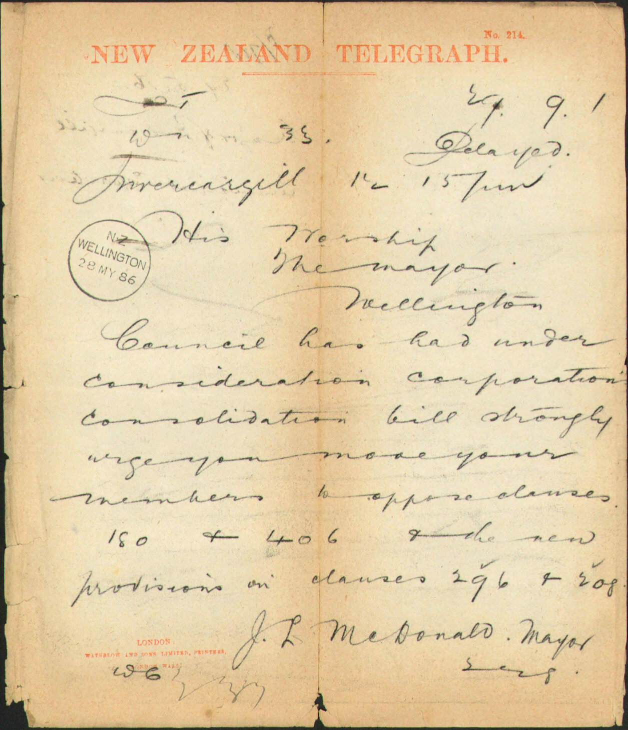 Municipal Corporations Bill - Mayor of Invercargill