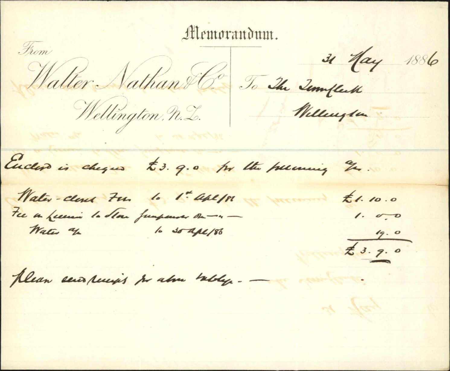 Enclosing cheque for water account and sundry - Walter Nathan and Co