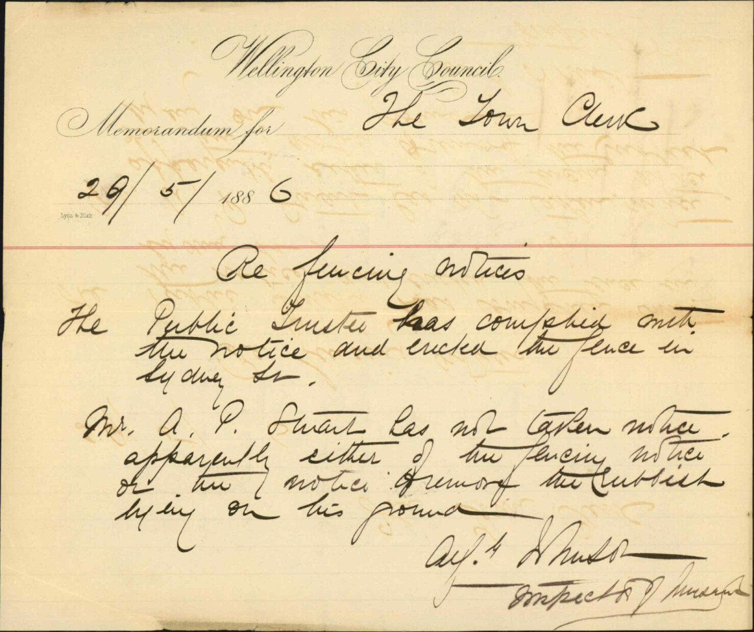 Fencing notices, Sydney Street and Cuba Street extension - Inspector of Nuisances