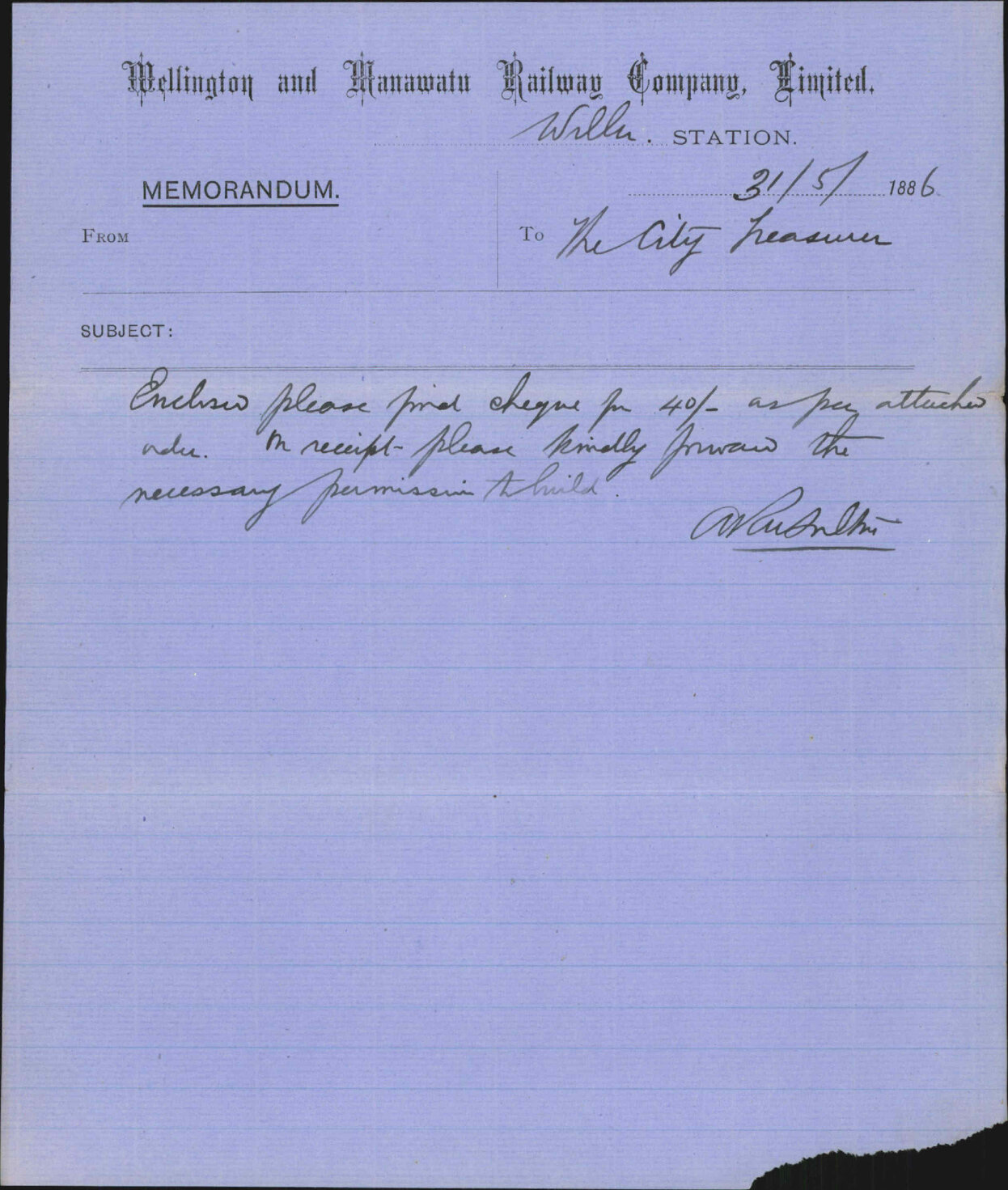 Enclosing cheque for building fees - A R W Fulton