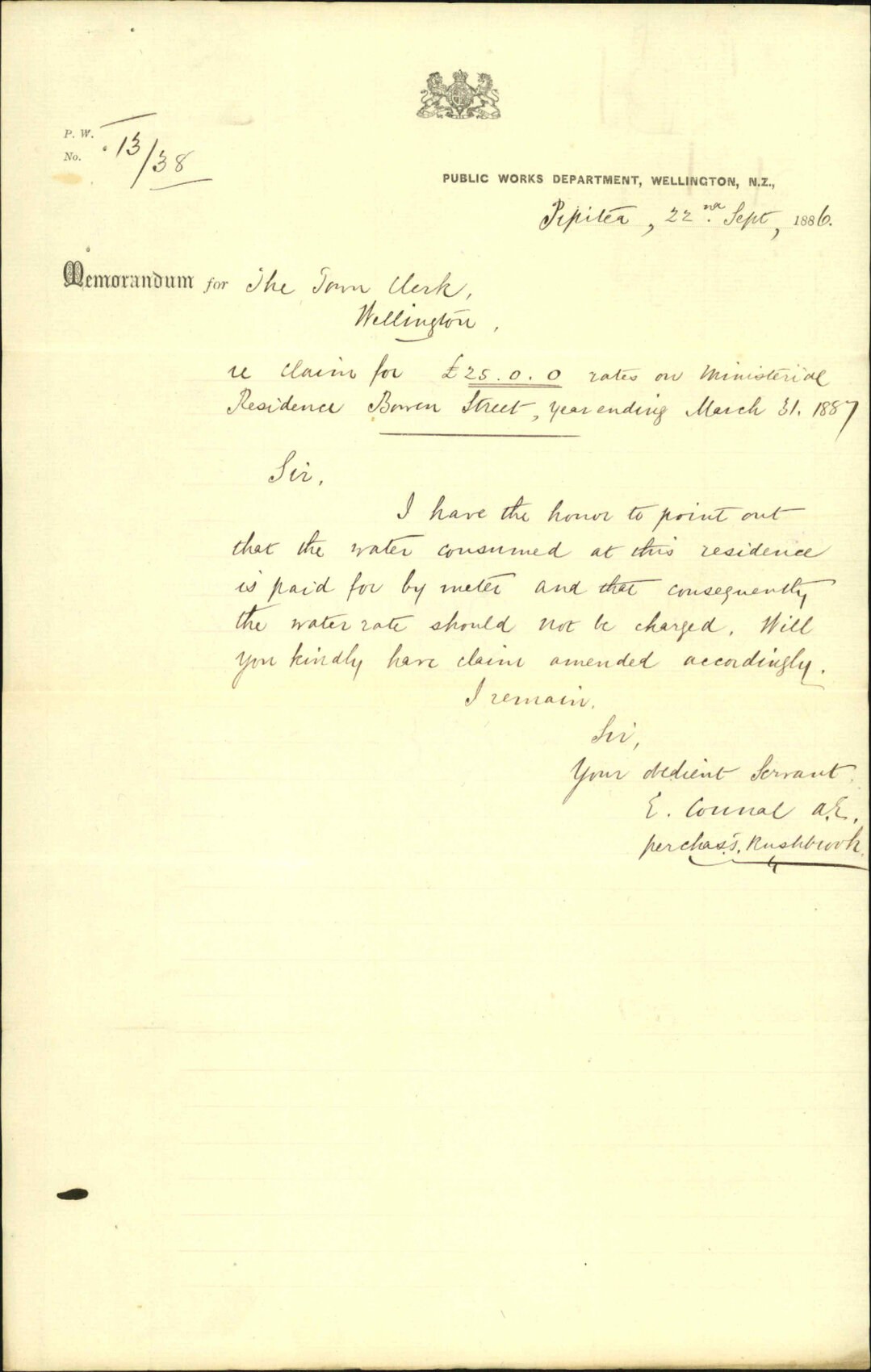 Rates on Ministerial Residence, Bowen Street - Public Works Department