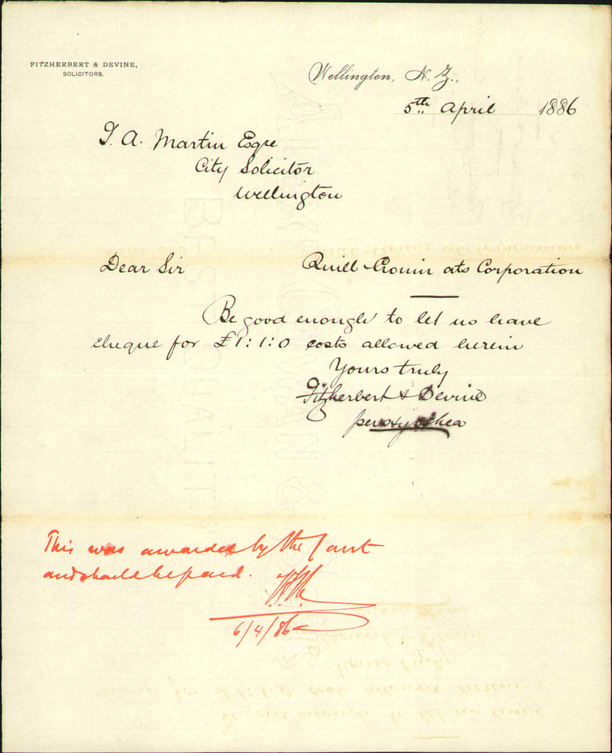 Asking for fee, Corporation v Quill and Cronin - Fitzherbert and Devine