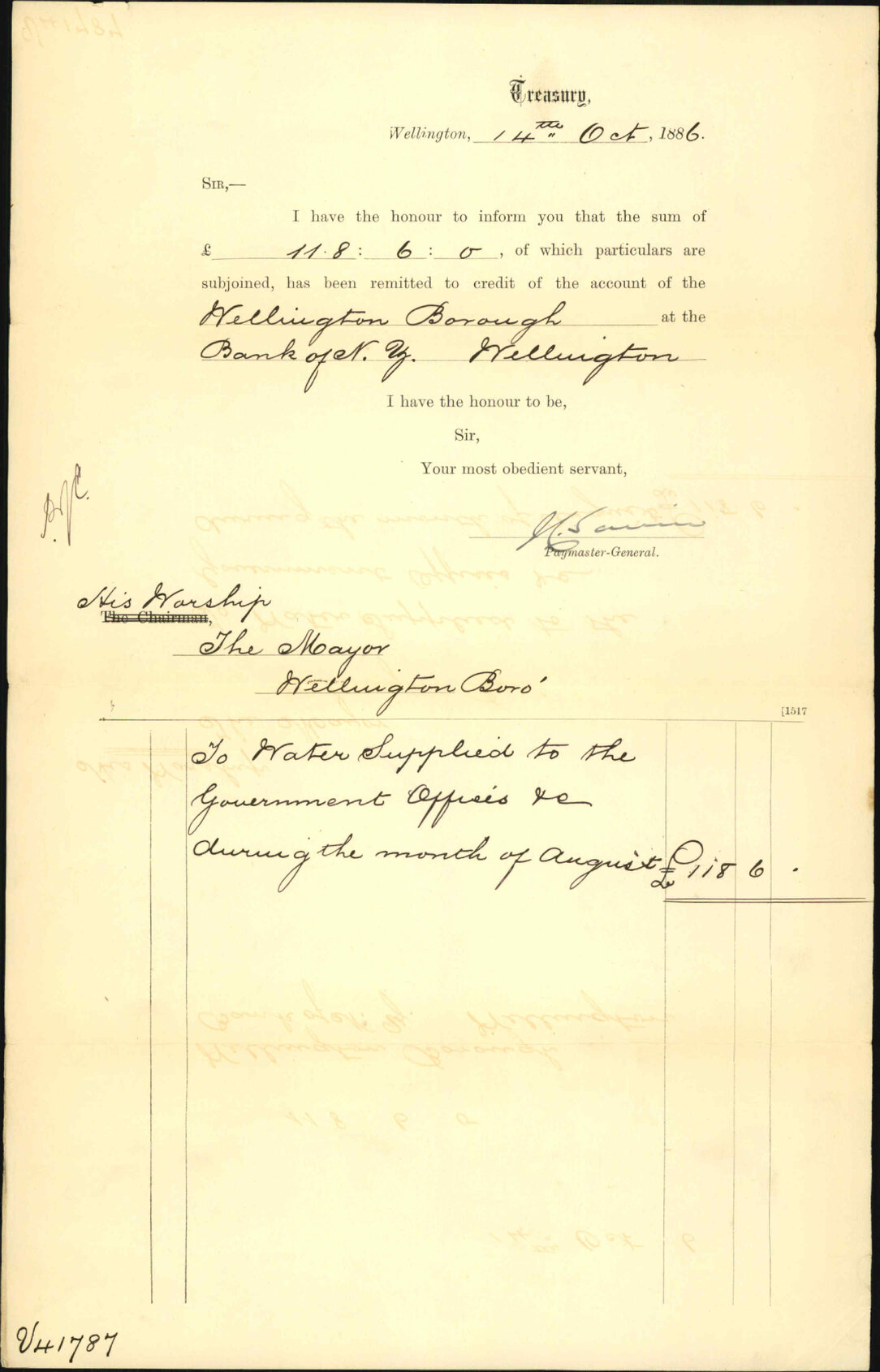 Advising payment of water account etc - Treasury