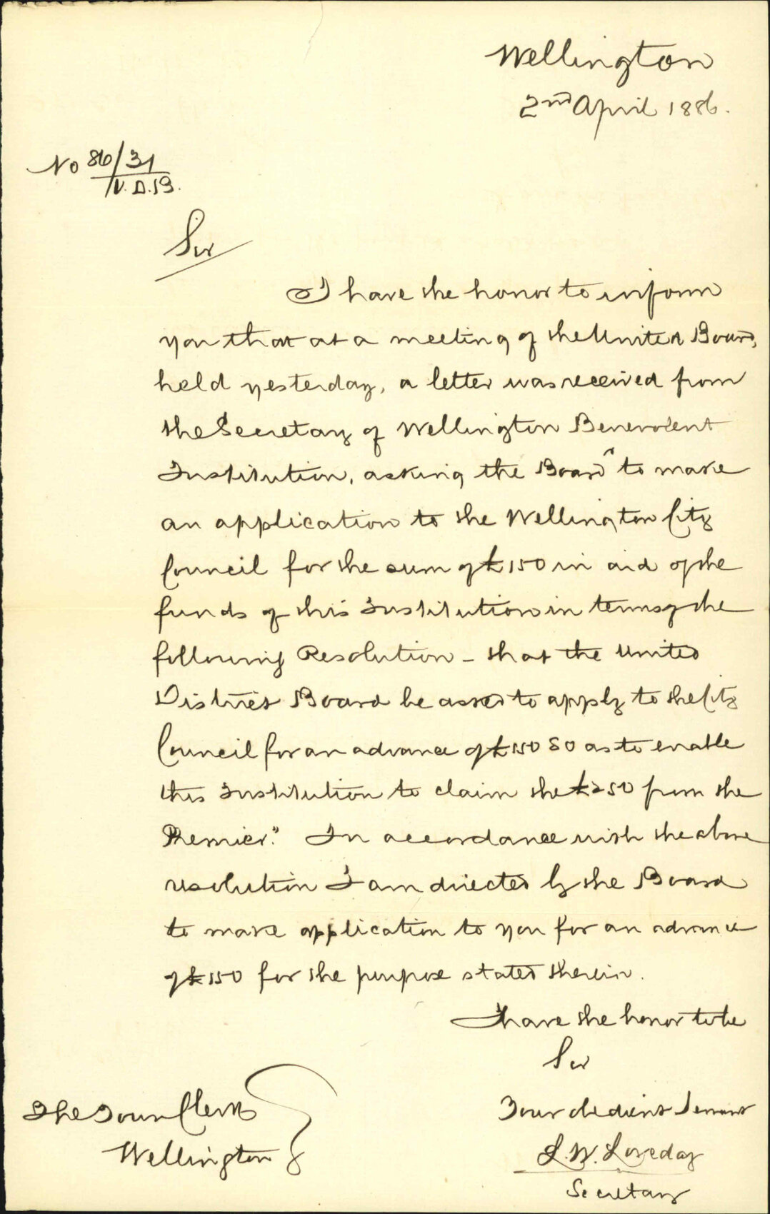 Asking an advance for Benevolent Institution - United District Board