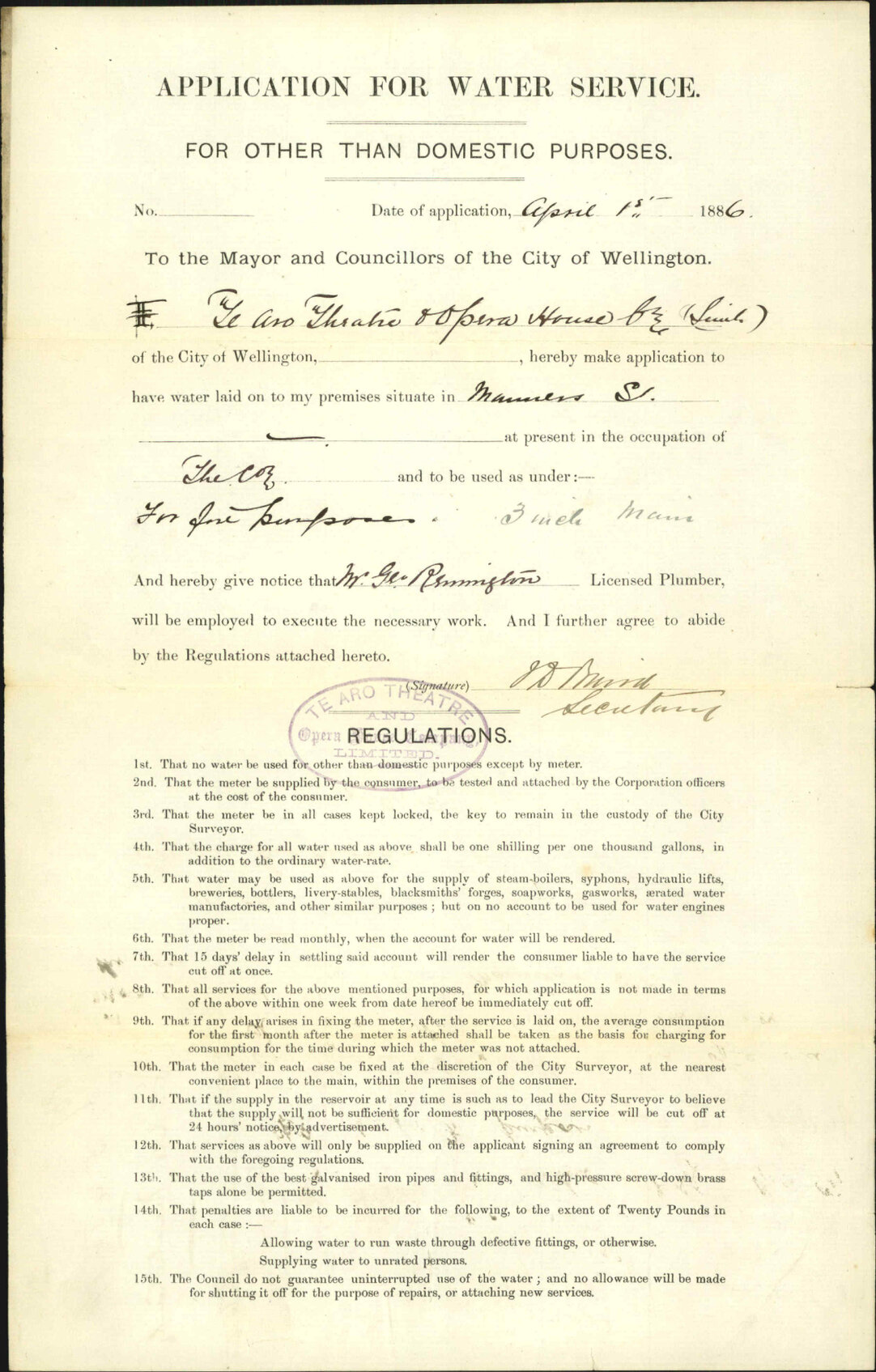 Application for Water Service - Te Aro Theatre Company