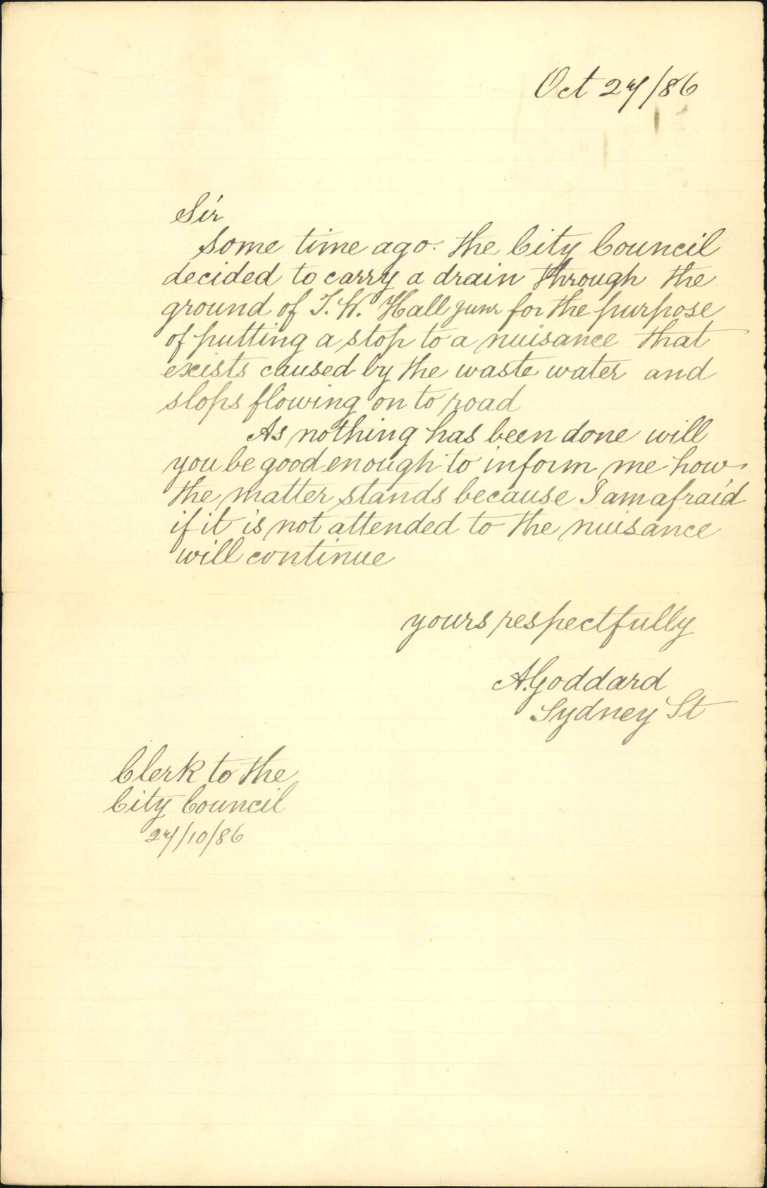 Drainage through the property of T W Hall - A Goddard