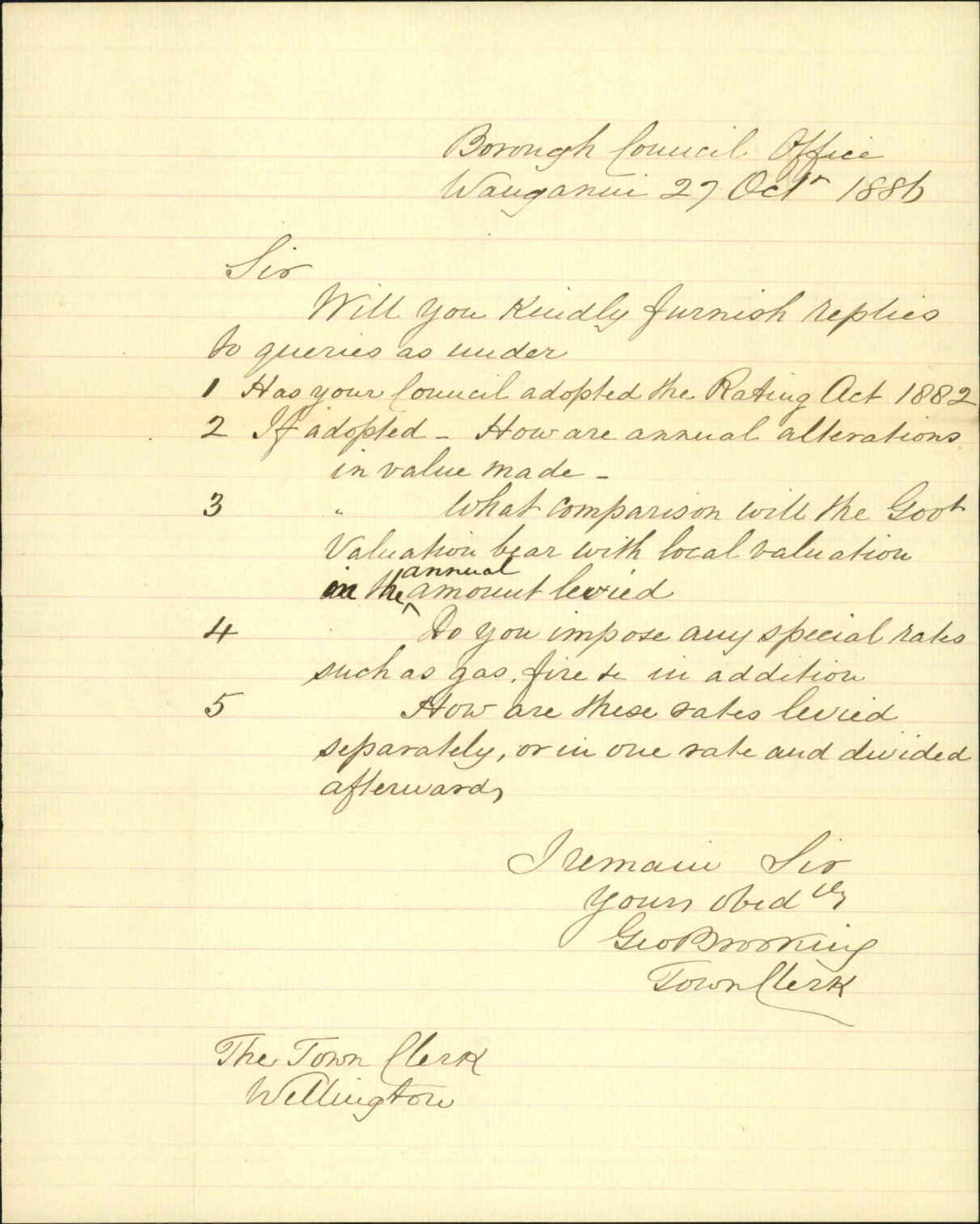 Enquiry as to Rating Act 1882 - Town Clerk Wanganui