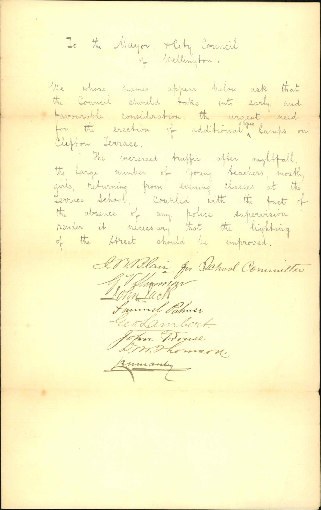 Asking for additional gas lamps at Clifton Terrace - Terrace School Committee and others