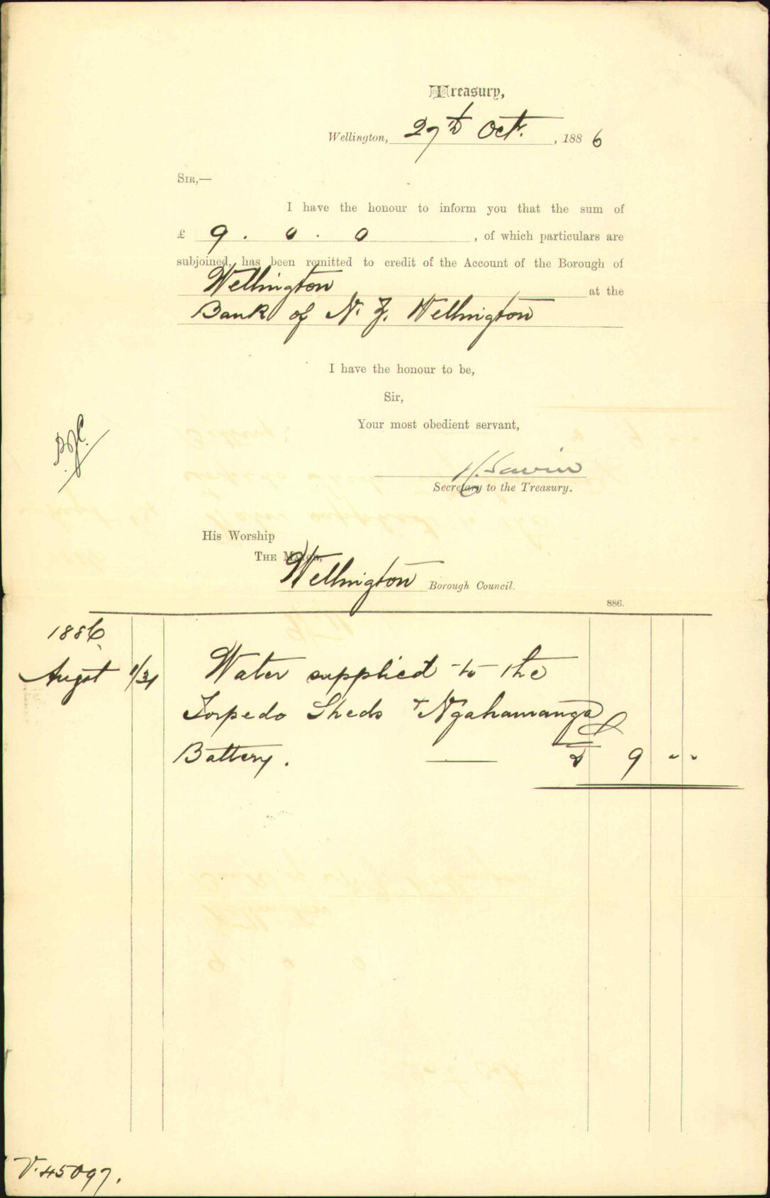 Advising payment of water account - Treasury