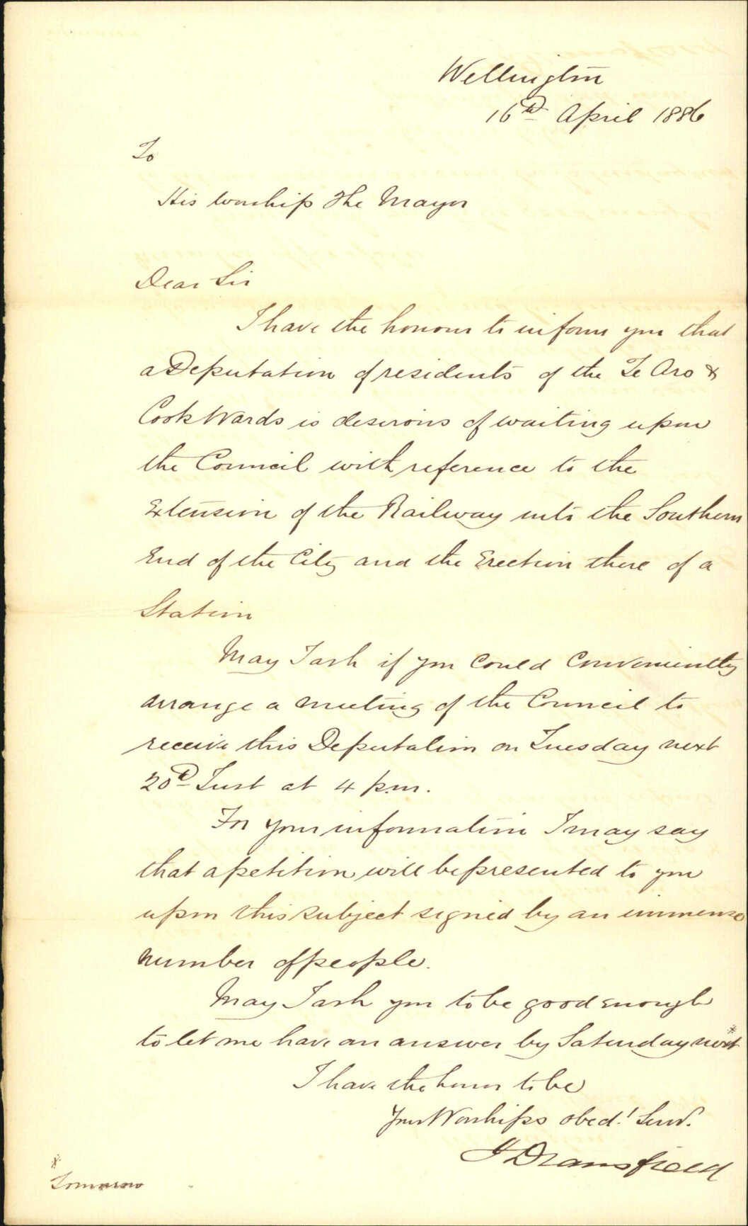 Deputation regarding railway station at Te Aro - J Dransfield