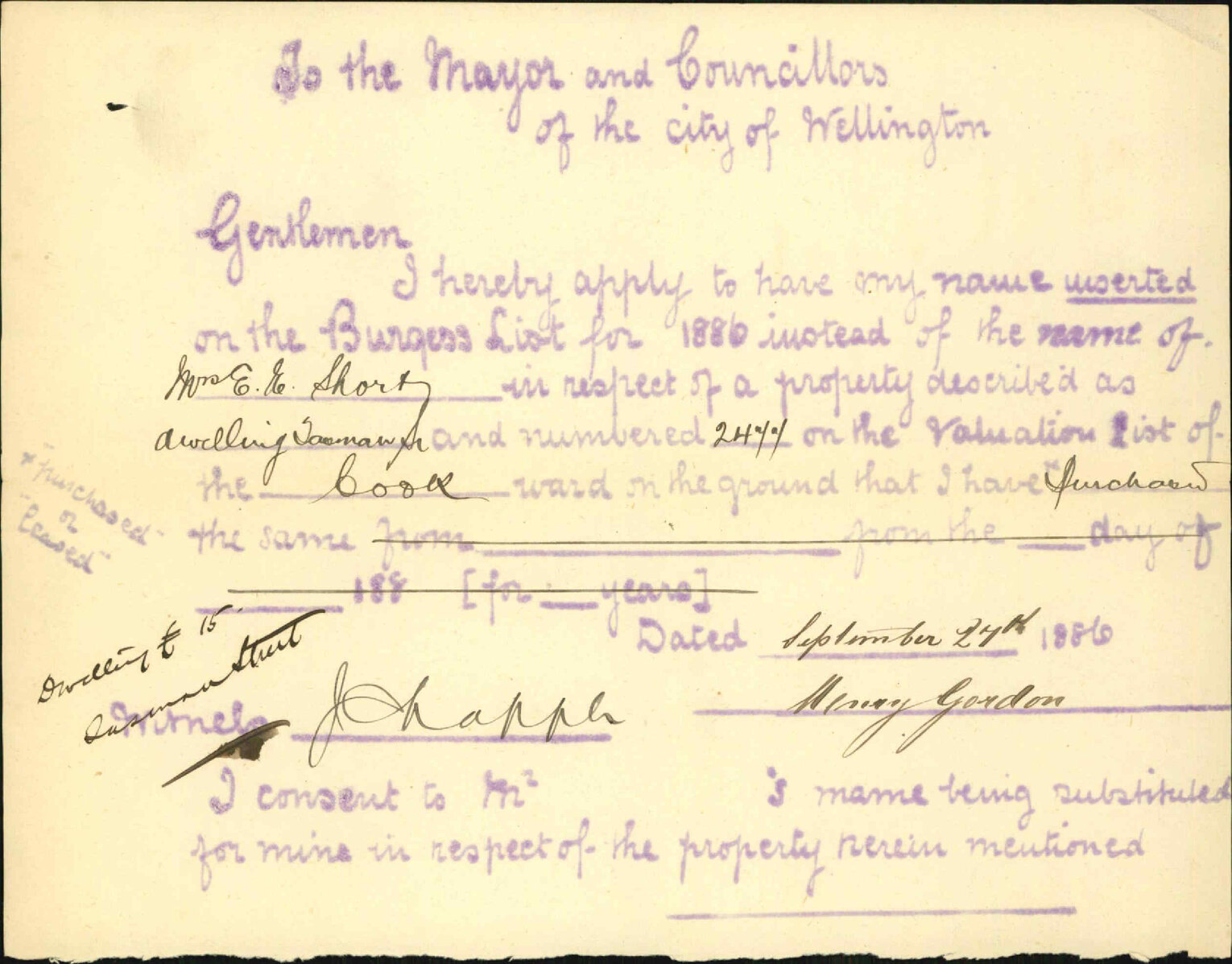 Application to be placed on Burgess Roll - Henry Gordon