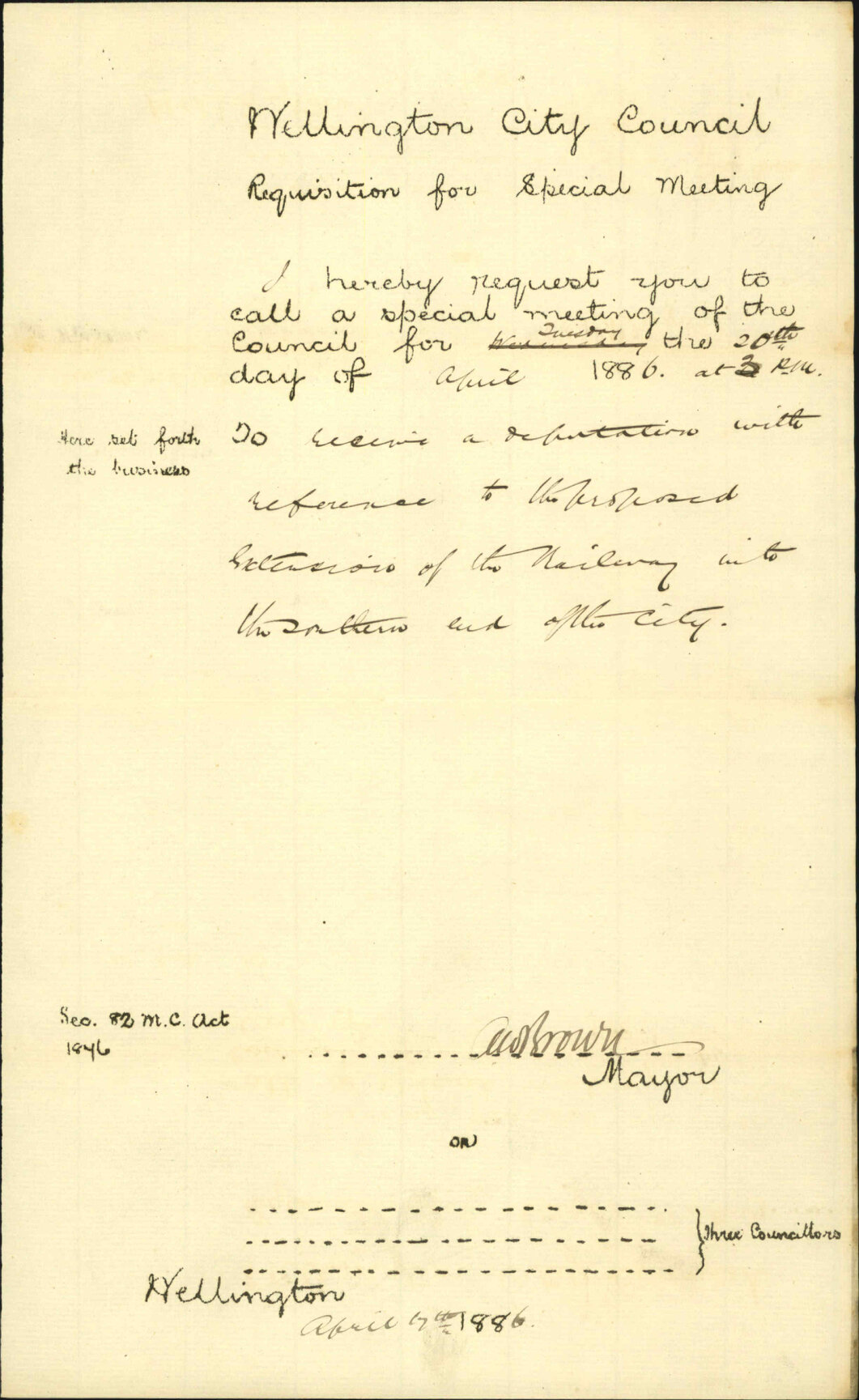 Requisition for special meeting of the council on the 20th inst - Mayor