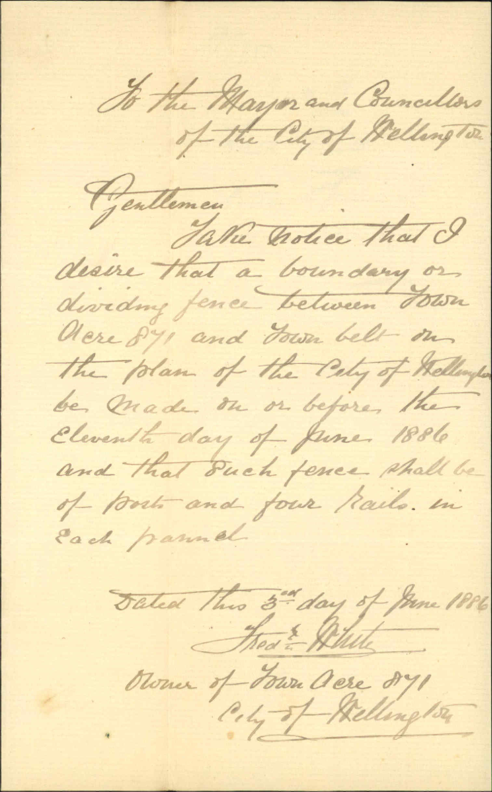 Notice to fence at Town Acre 871 - Fred White