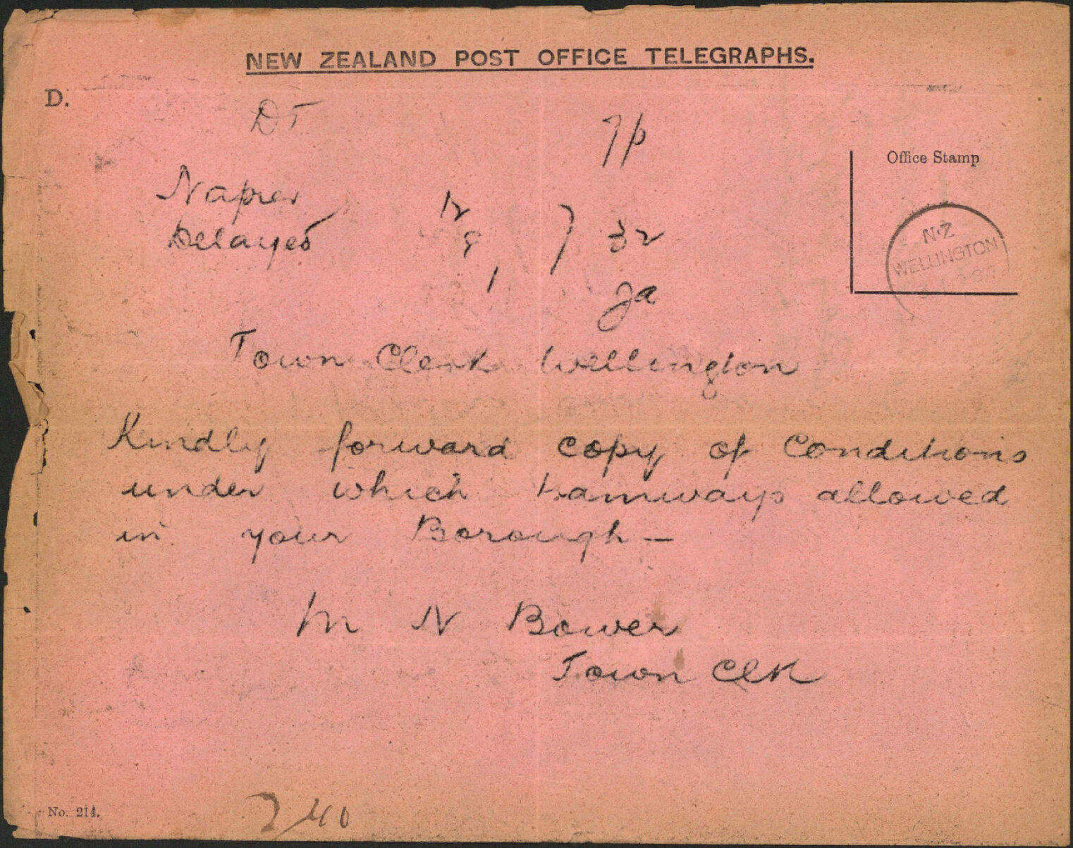 Asking for copy of conditions regarding Tramways - Town Clerk Napier