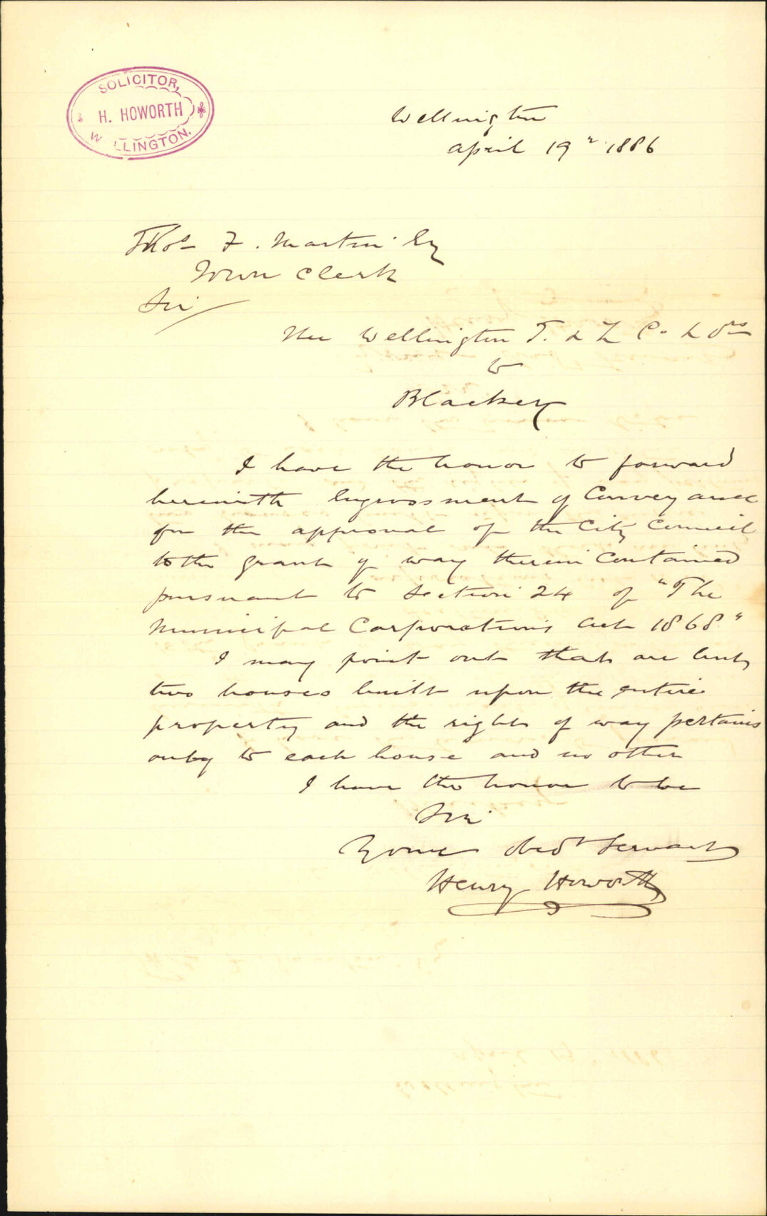 Right of way, Wellington Trust and Loan Company to Blackey - H Howarth