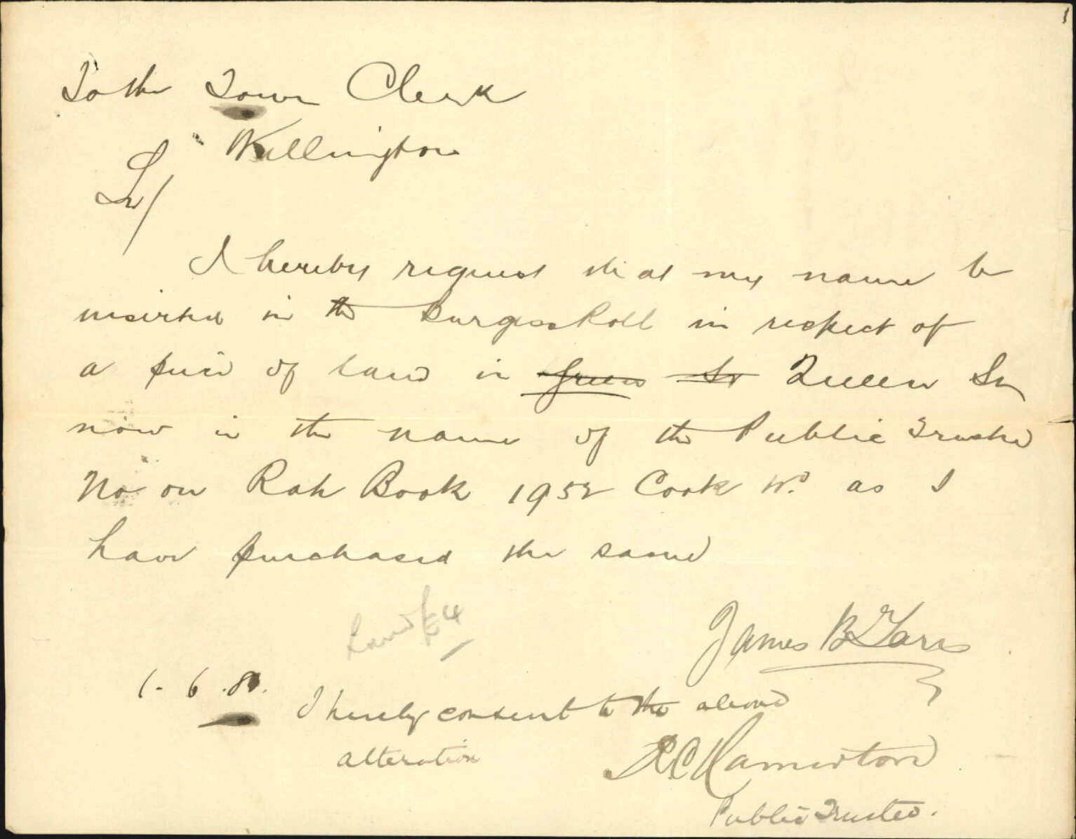 Request to be placed on the Burgess Roll - James B Tarr