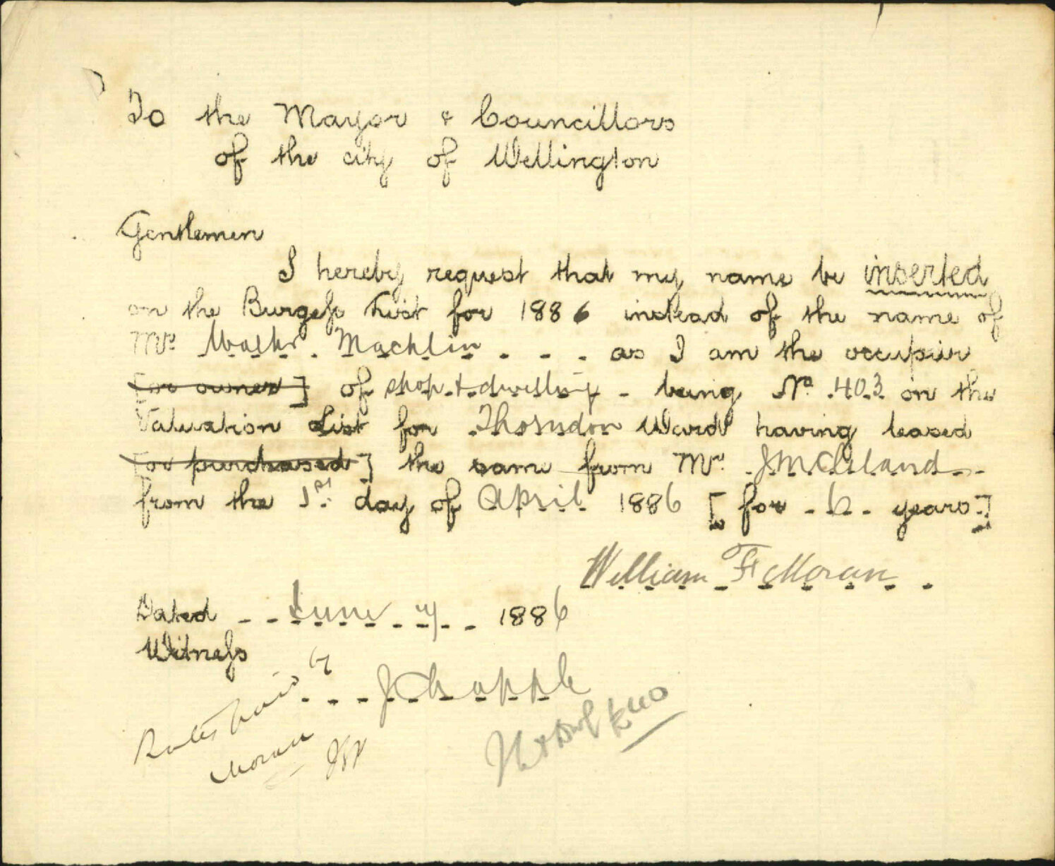 Asking to placed on Burgess Roll - W Felloran