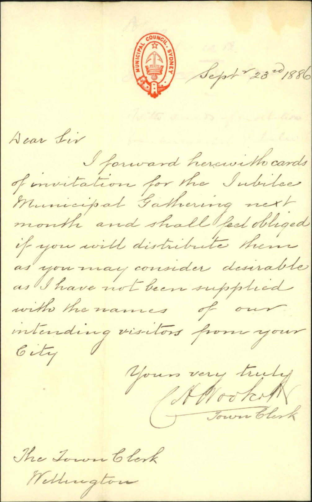 With cards of invitation for municipal jubilee - Town Clerk, Sydney