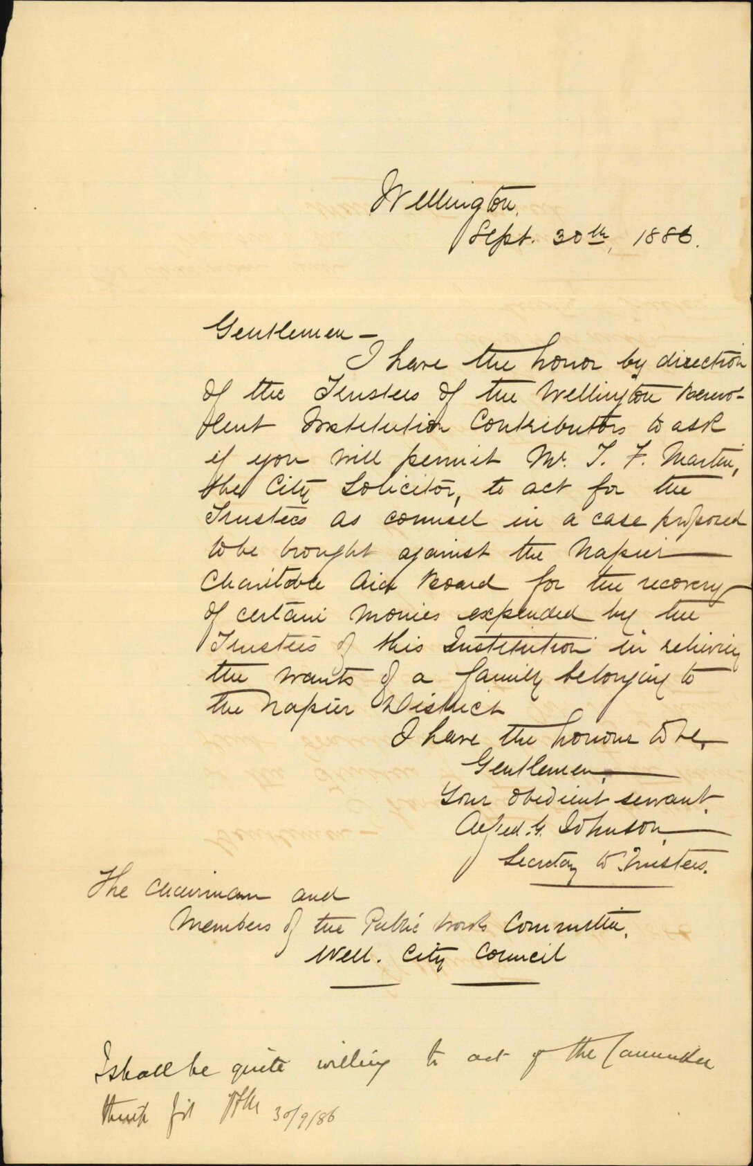 Asking for service of City Solicitor -Wellington Benevolent Institution