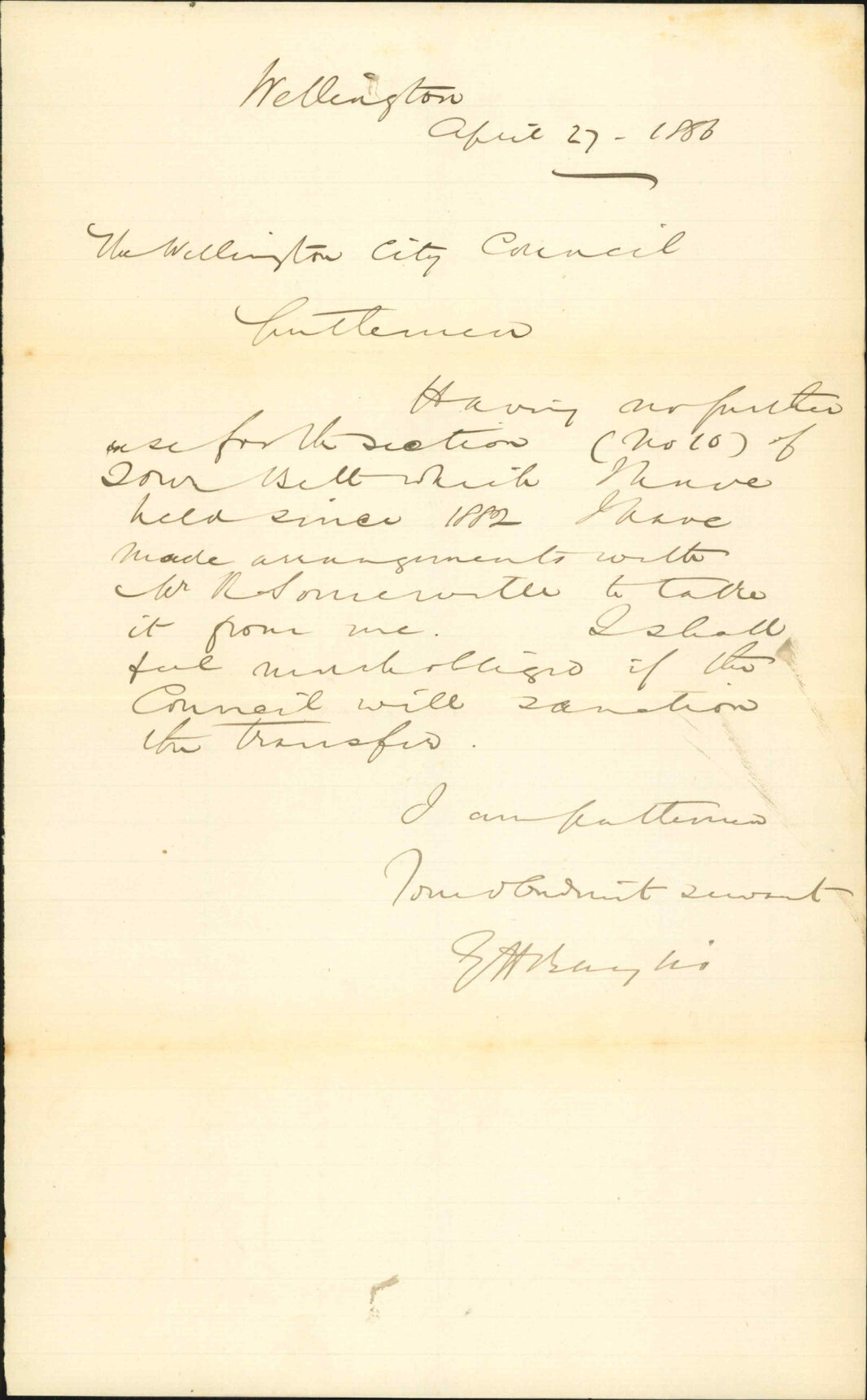 Application for transfer of section 10 Town Belt - G H Baylis