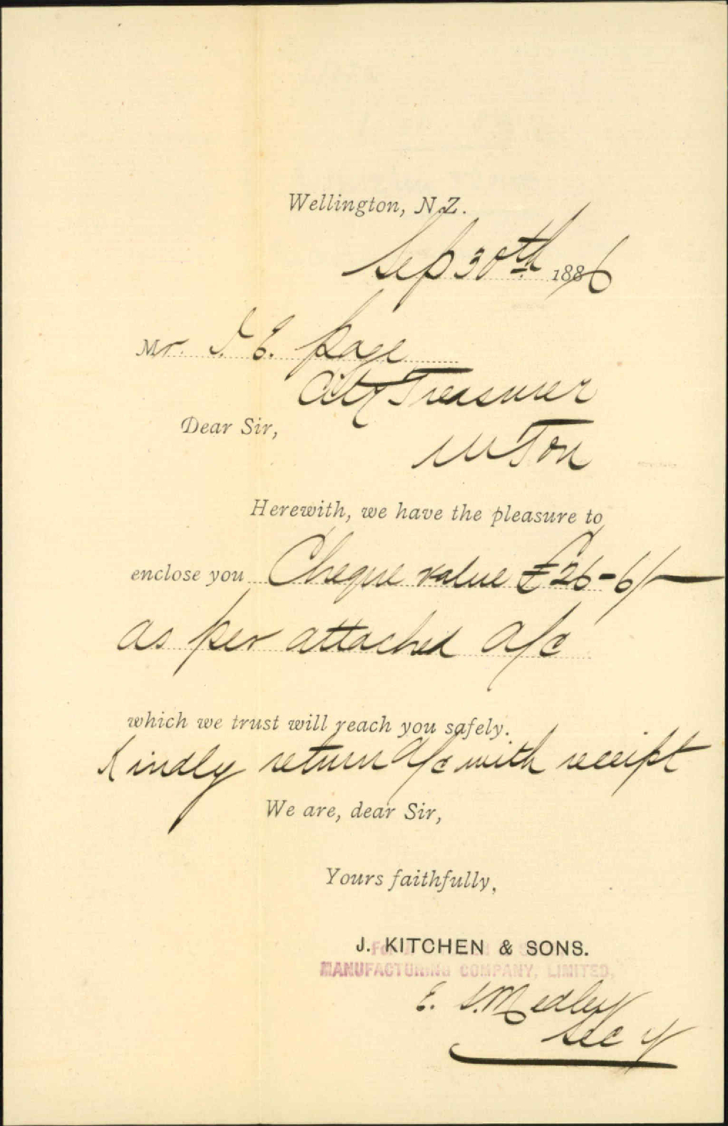 Enclosing cheque for water account- J Kitchen &amp; Sons