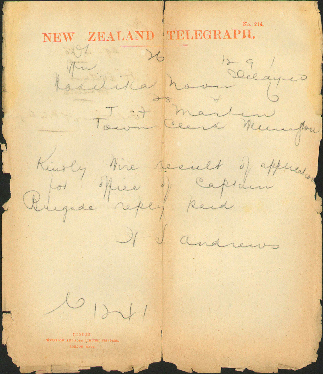 Captaincy of Fire Brigade - N S Andrews, Hokitika