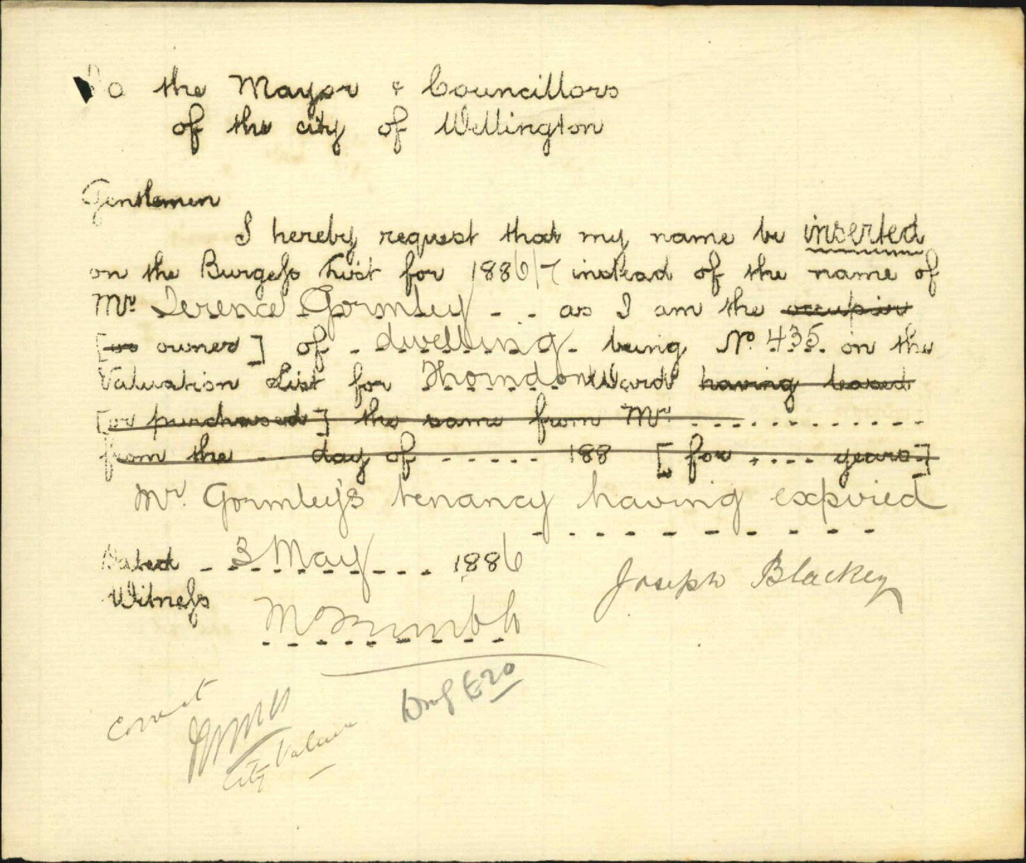 Application to be placed on Burgess Roll - Joseph Blackey