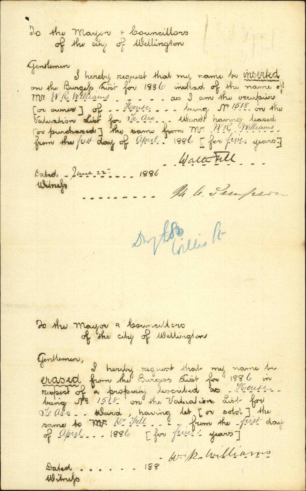 Application to be placed on the Burgess Roll - Walter Fell