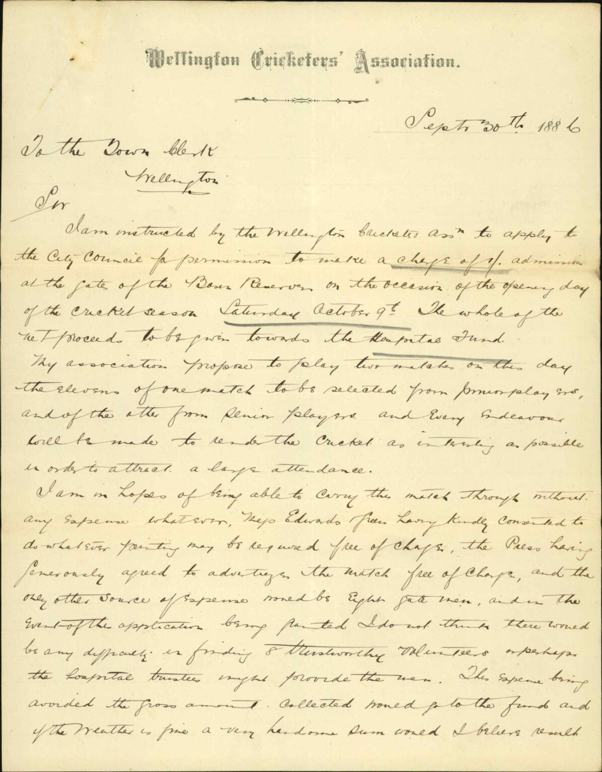 Asking permission to charge for admission to Basin Reserve on 9th October - Wellington Cricketers Association