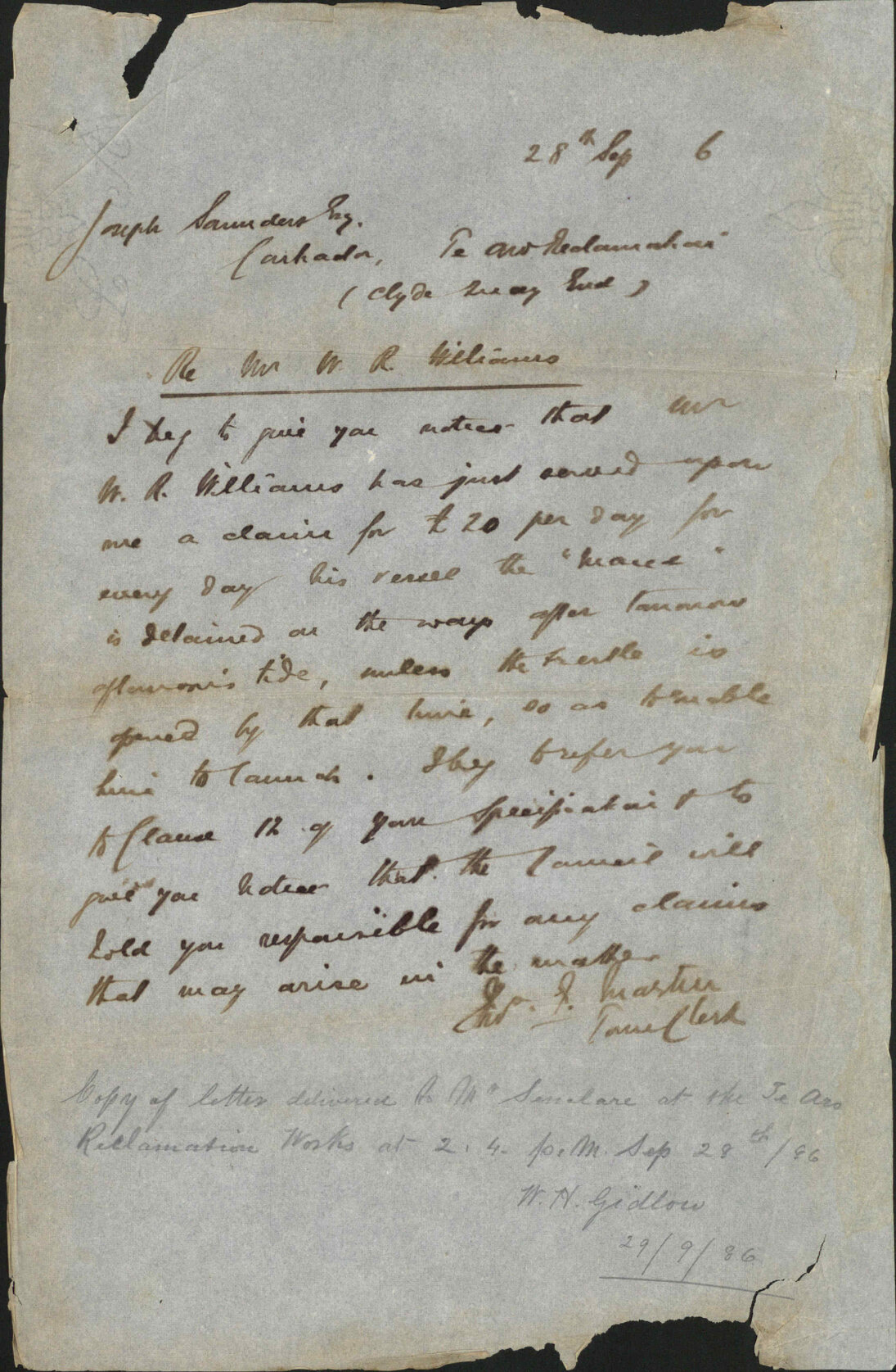 Notice on the Canterbury Steamer - W R Williams