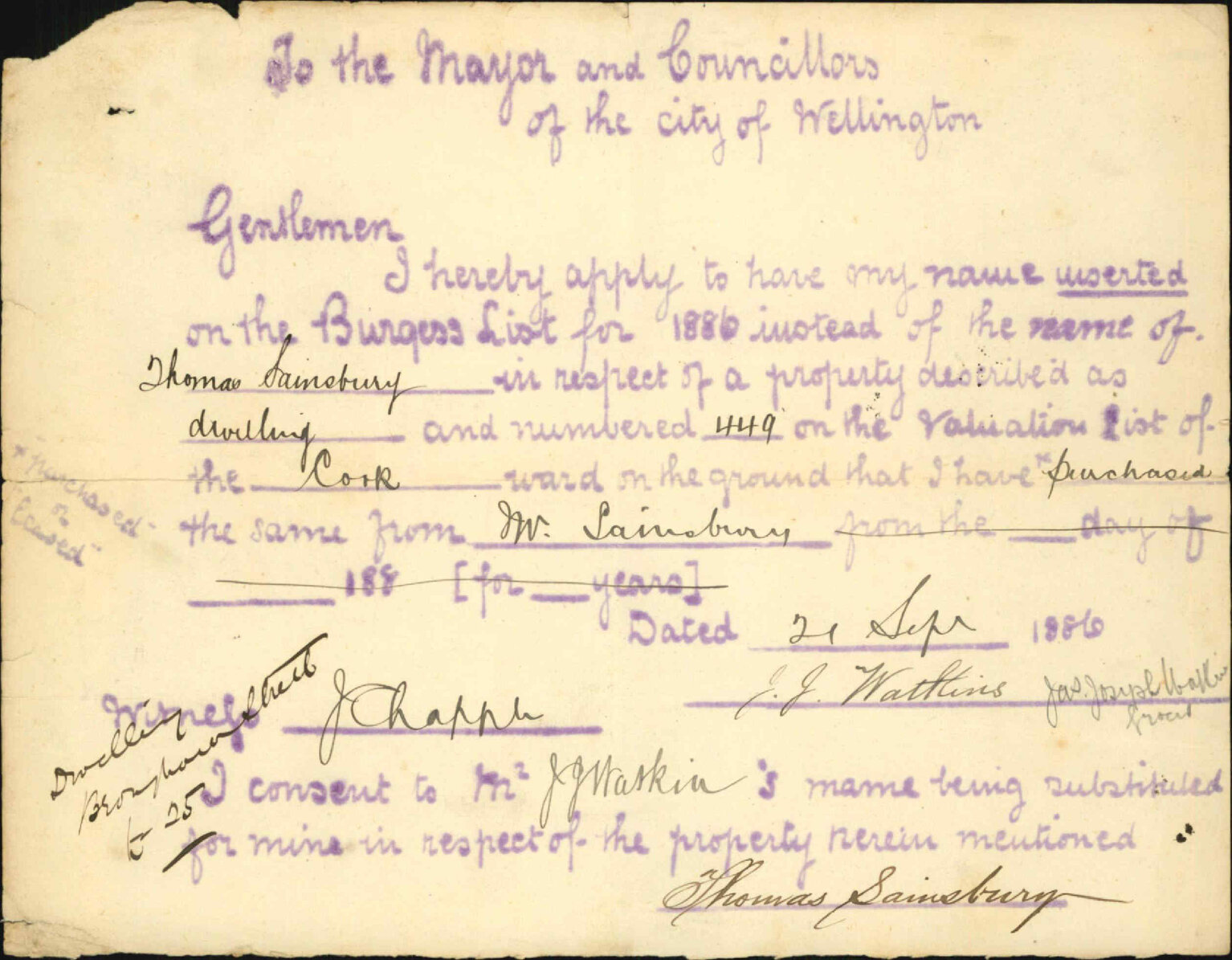 Application to be placed on the Burgess Roll - J J Watkins