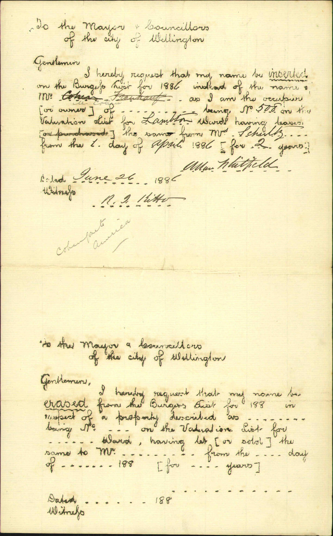 Application to be placed on Burgess Roll - Allan Whitfield