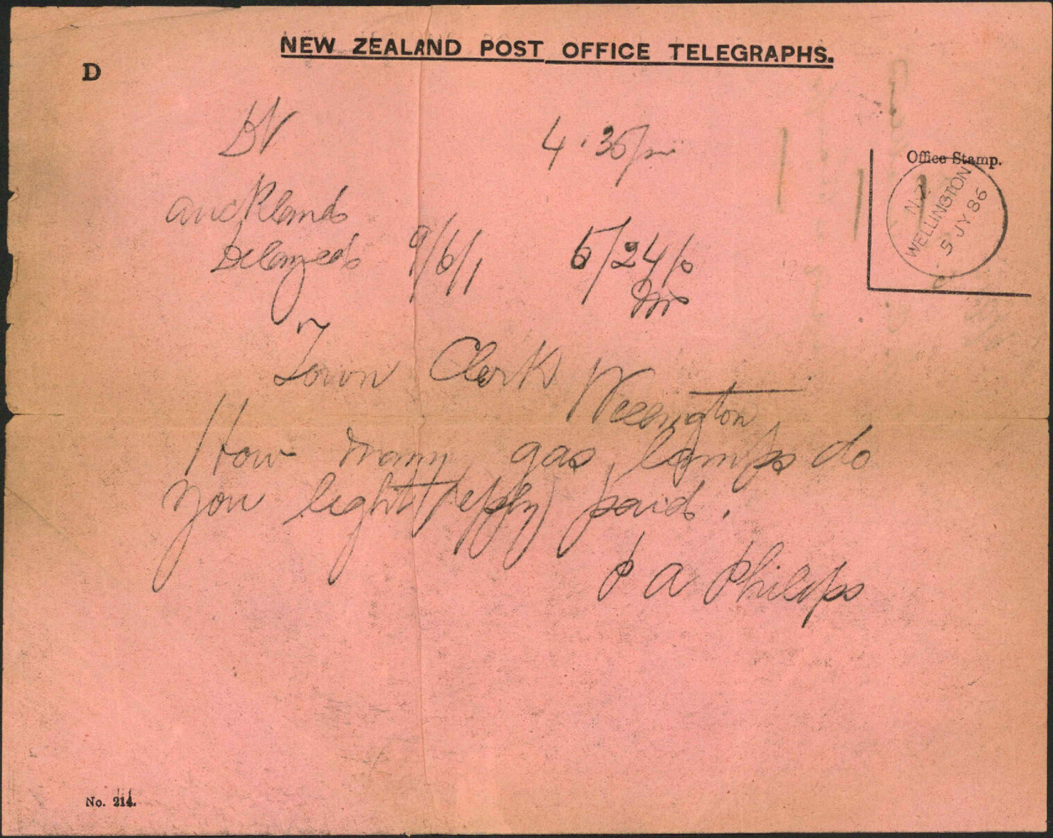 Enquiry as to lamps - Town Clerk Auckland