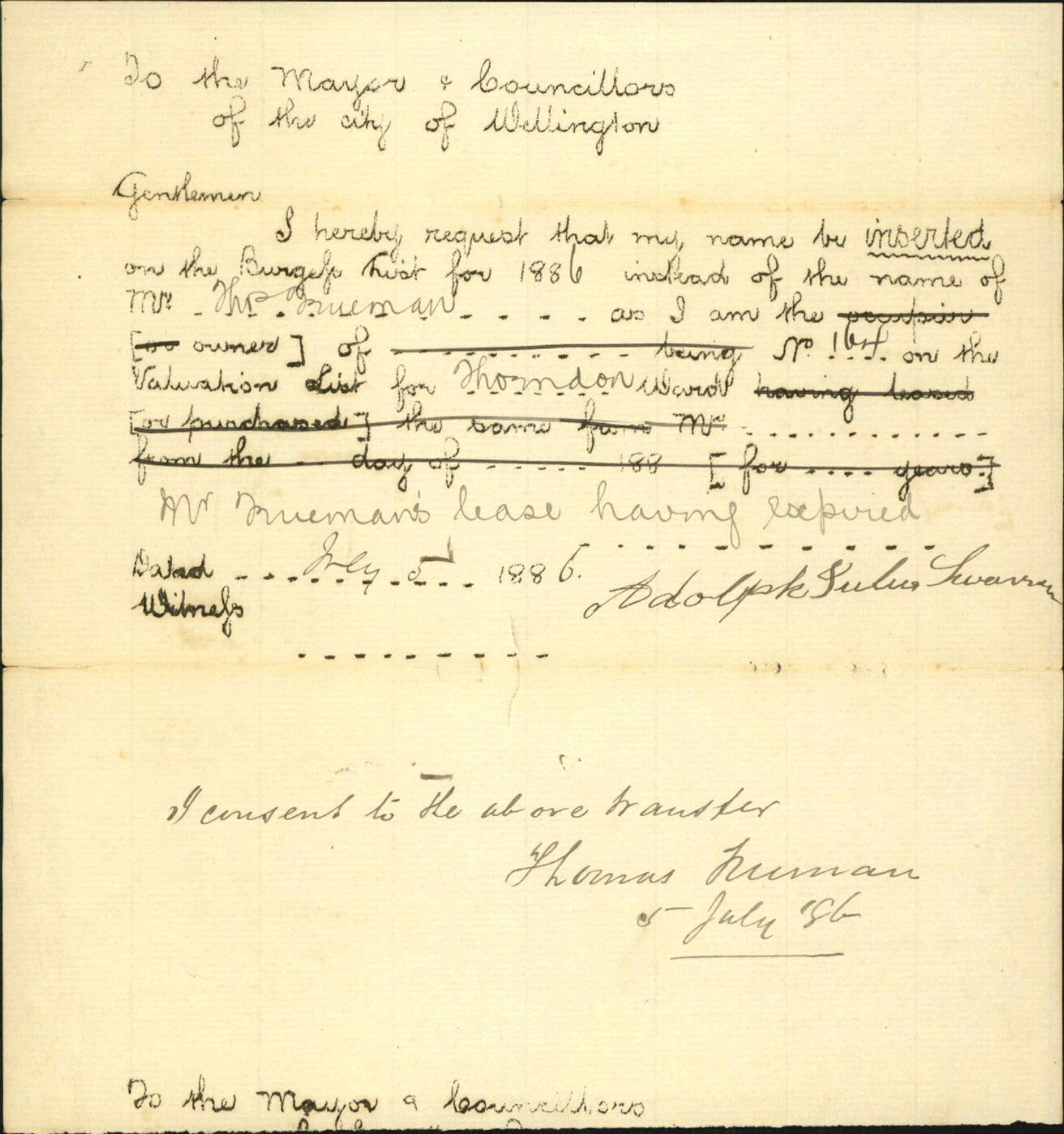 Application to be placed on Burgess Roll - A J Swansen