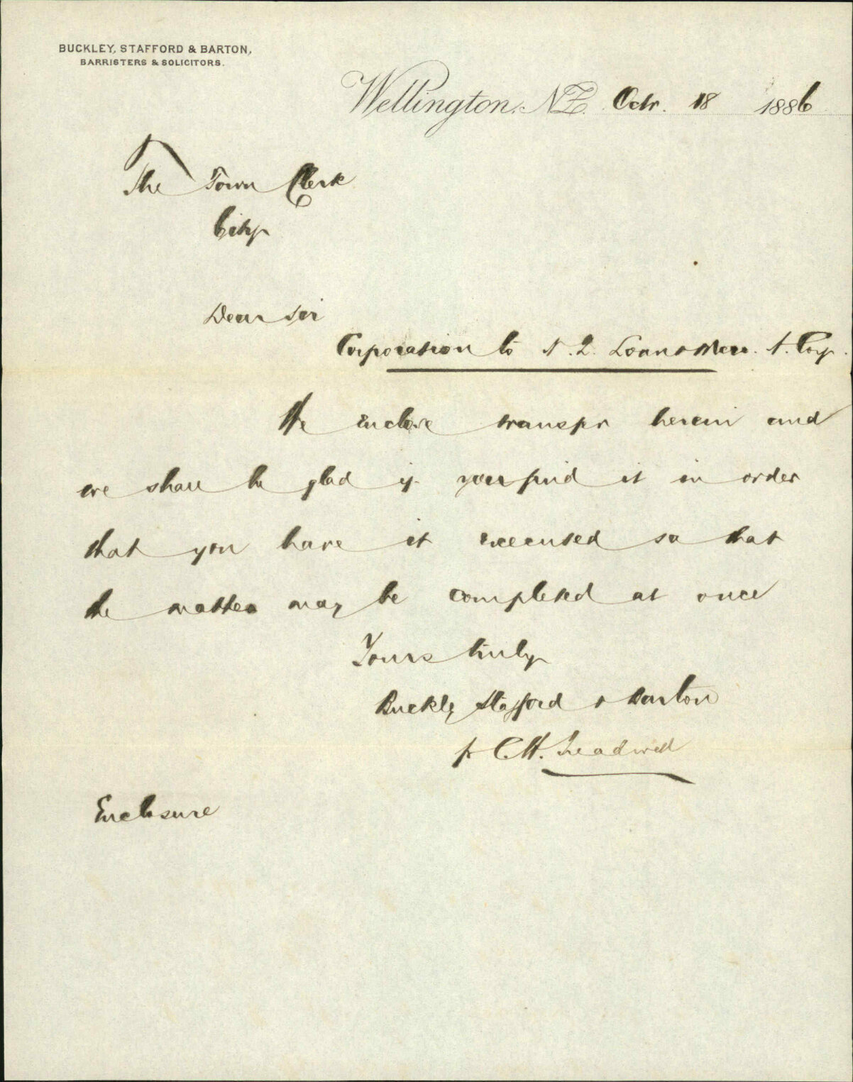 Corporation to New Zealand Loan and Mercantile Agency Company - Buckley, Stafford and Barton