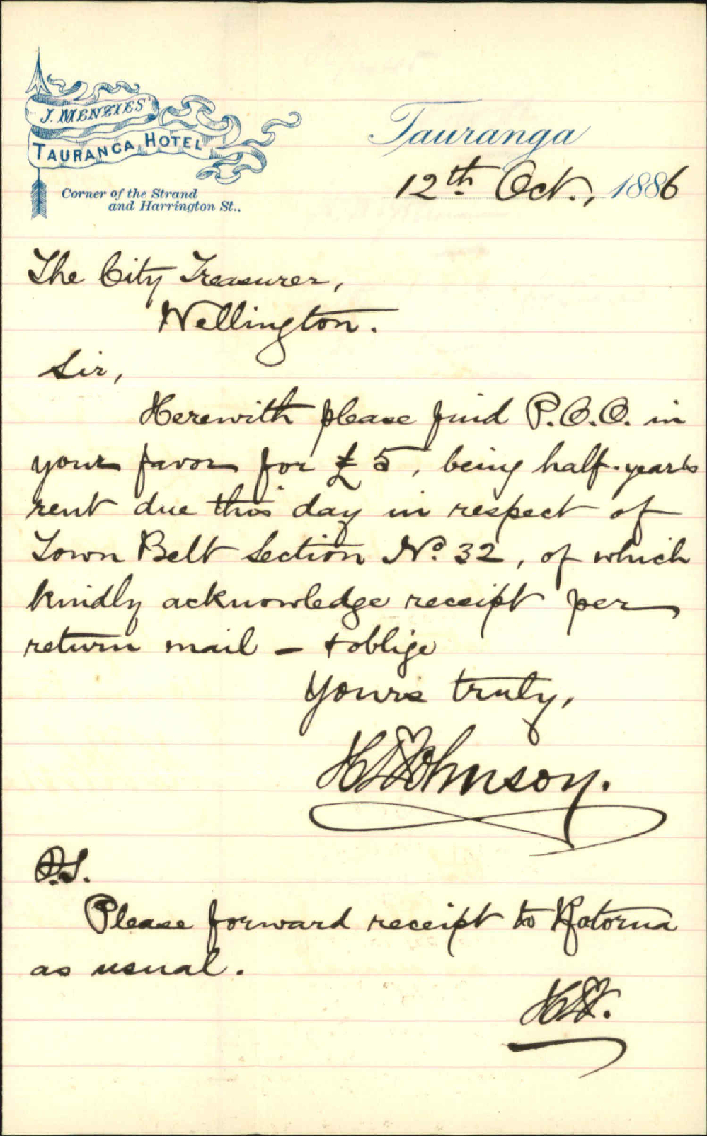 With cheque for town belt rent - H D Johnson