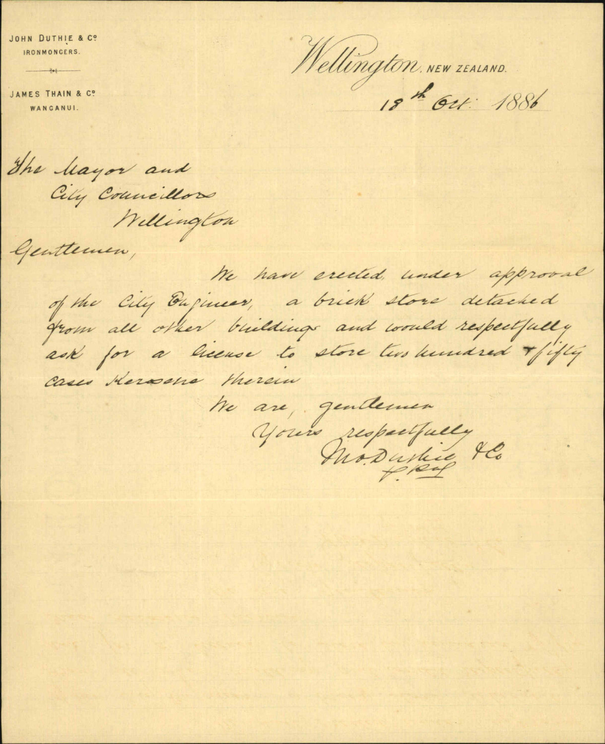 Application for license to store kerosene - John Duthie and Co