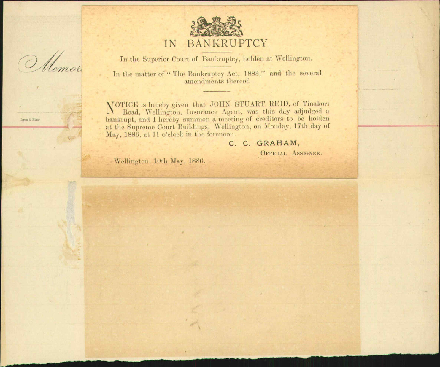 Notice regarding bankruptcy of J S Reid