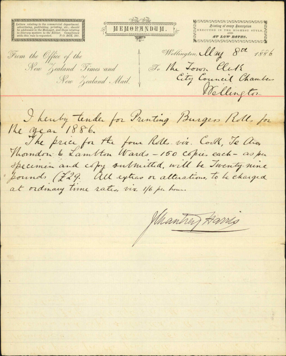 Tender for printing burgess rolls - J C Harris