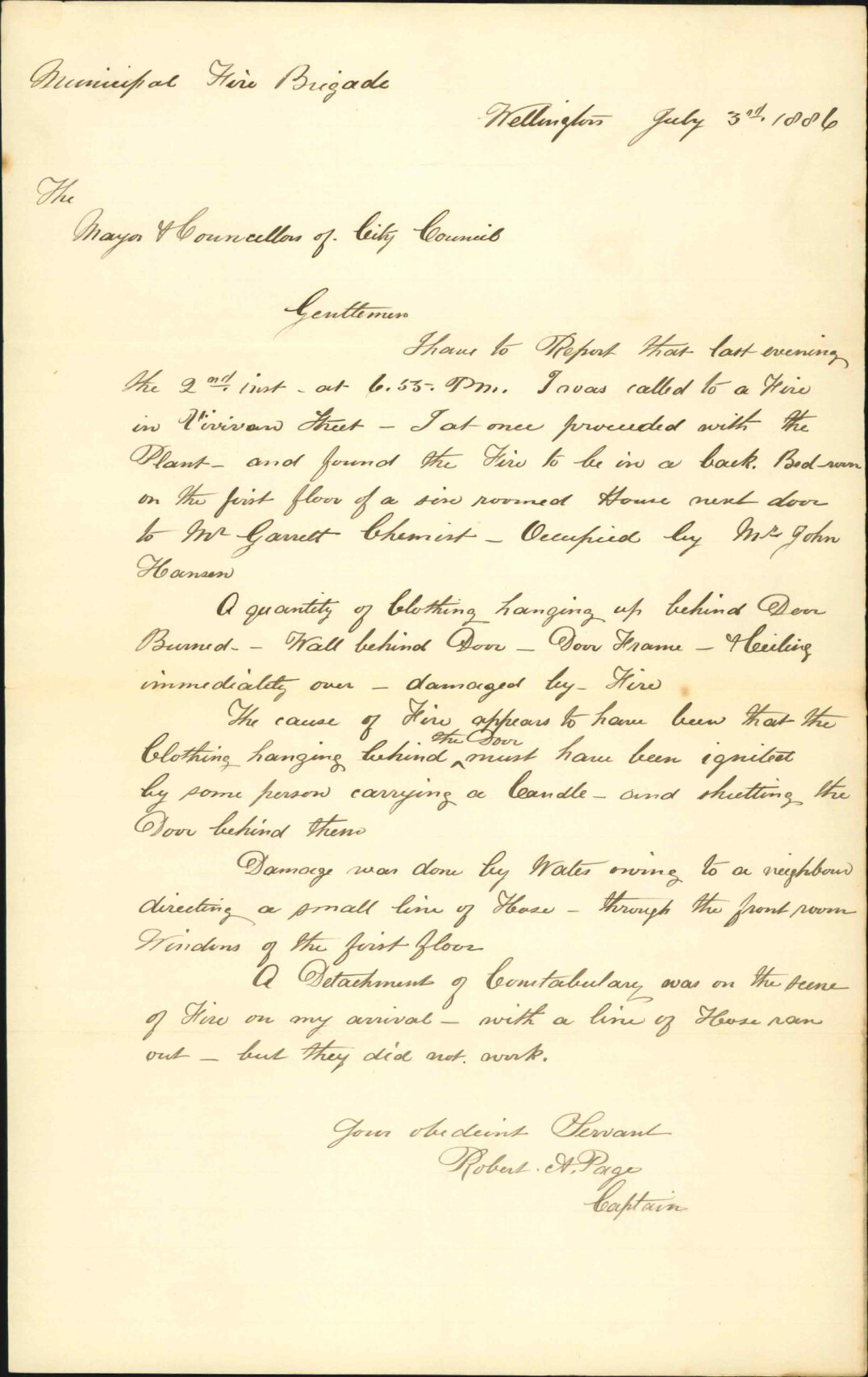 Report regarding fire at Vivian Street on the 2nd inst - Robert A Page (Captain, Fire Brigade)