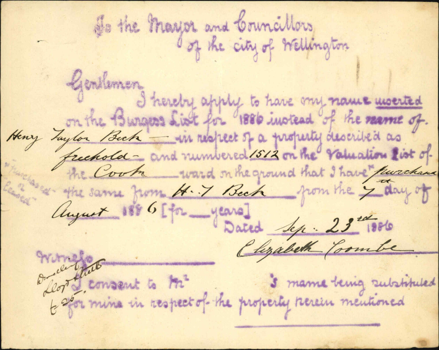Application to be placed on Burgess Roll - Elizabeth Coombes