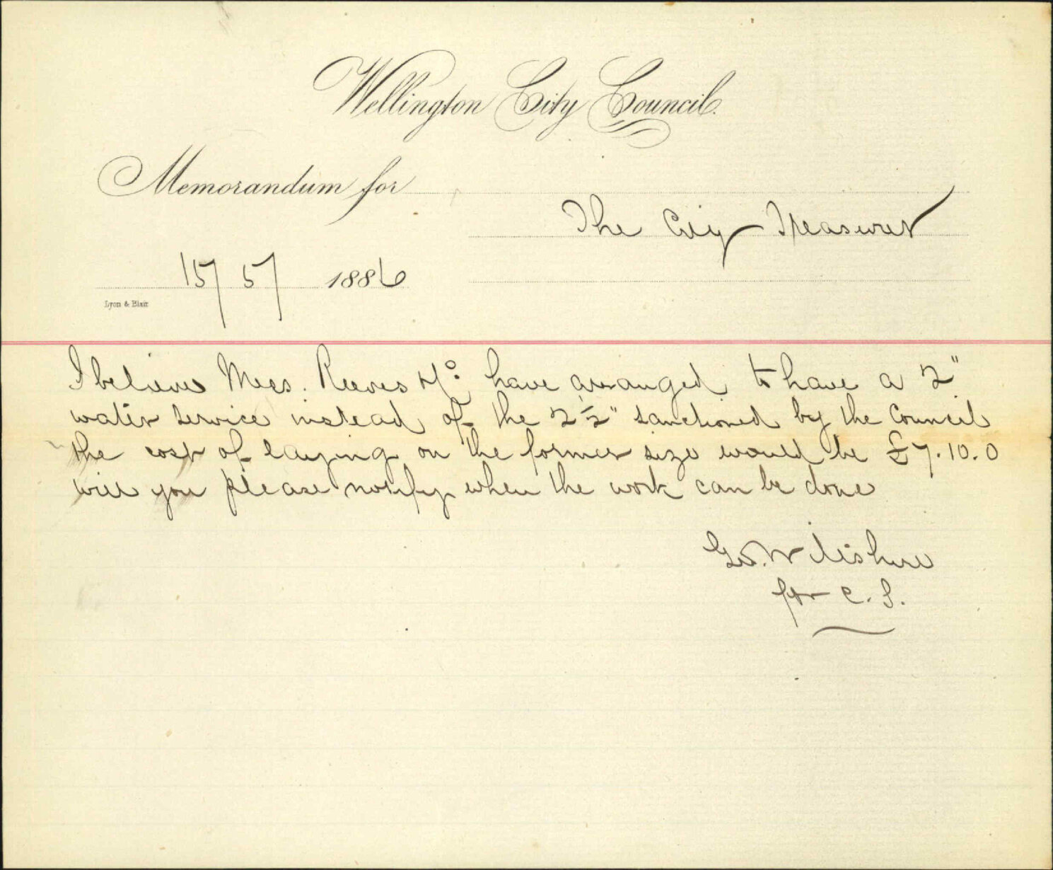 Water service, Edward Reeves and Co - City Surveyor