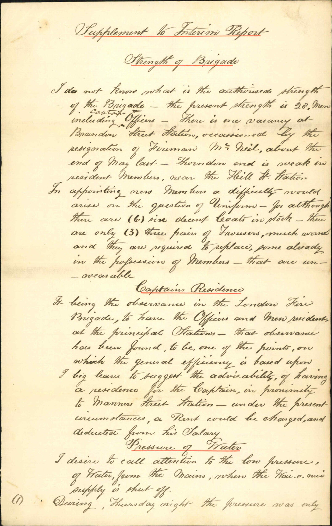 Report on condition of plant etc - Robert A Page (Captain, Fire Brigade)