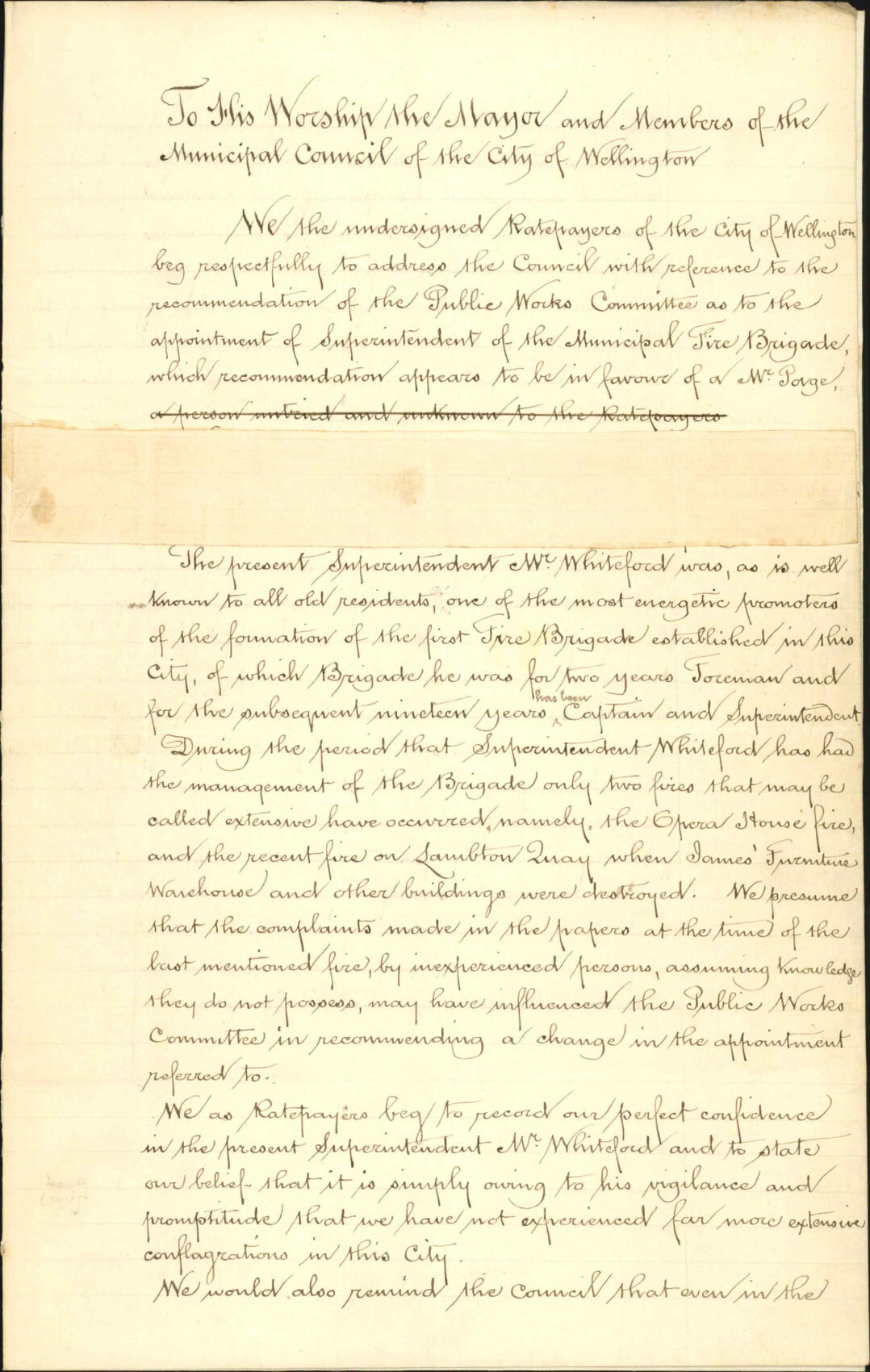 Memorial [petition] regarding Fire Brigade appointment - J E Evans and others