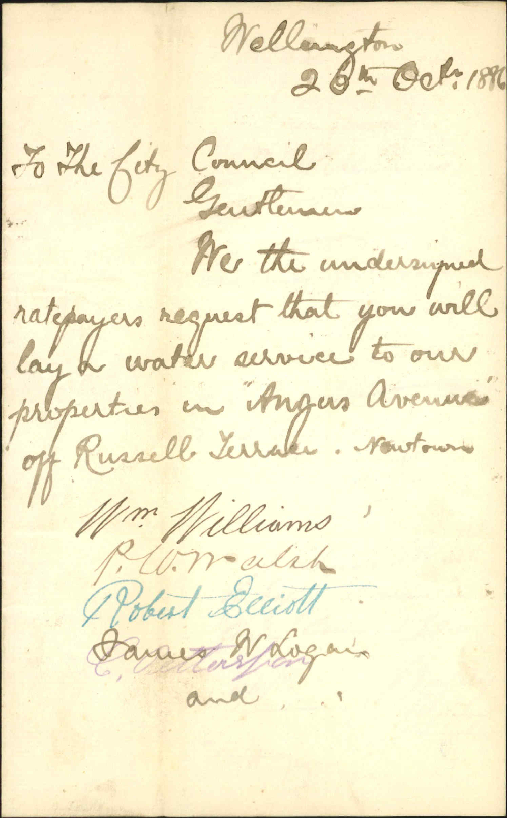 Asking for water service in Angus Avenue - William Williams and others