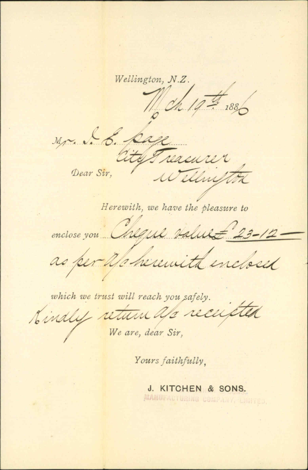Enclosing cheque for water account - J Kitchen and Sons