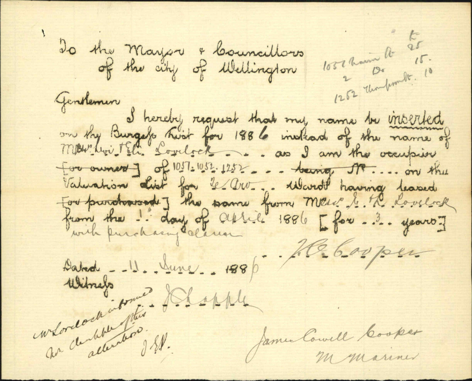Asking to be placed on Burgess Roll - J C Cooper
